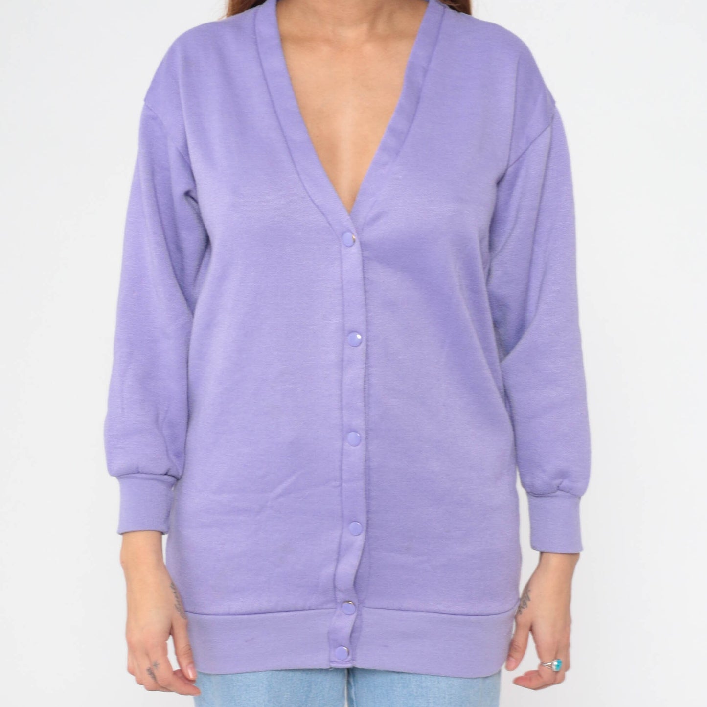 90s Lavender Cardigan Sweatshirt Snap Button V-Neck Slouchy Small