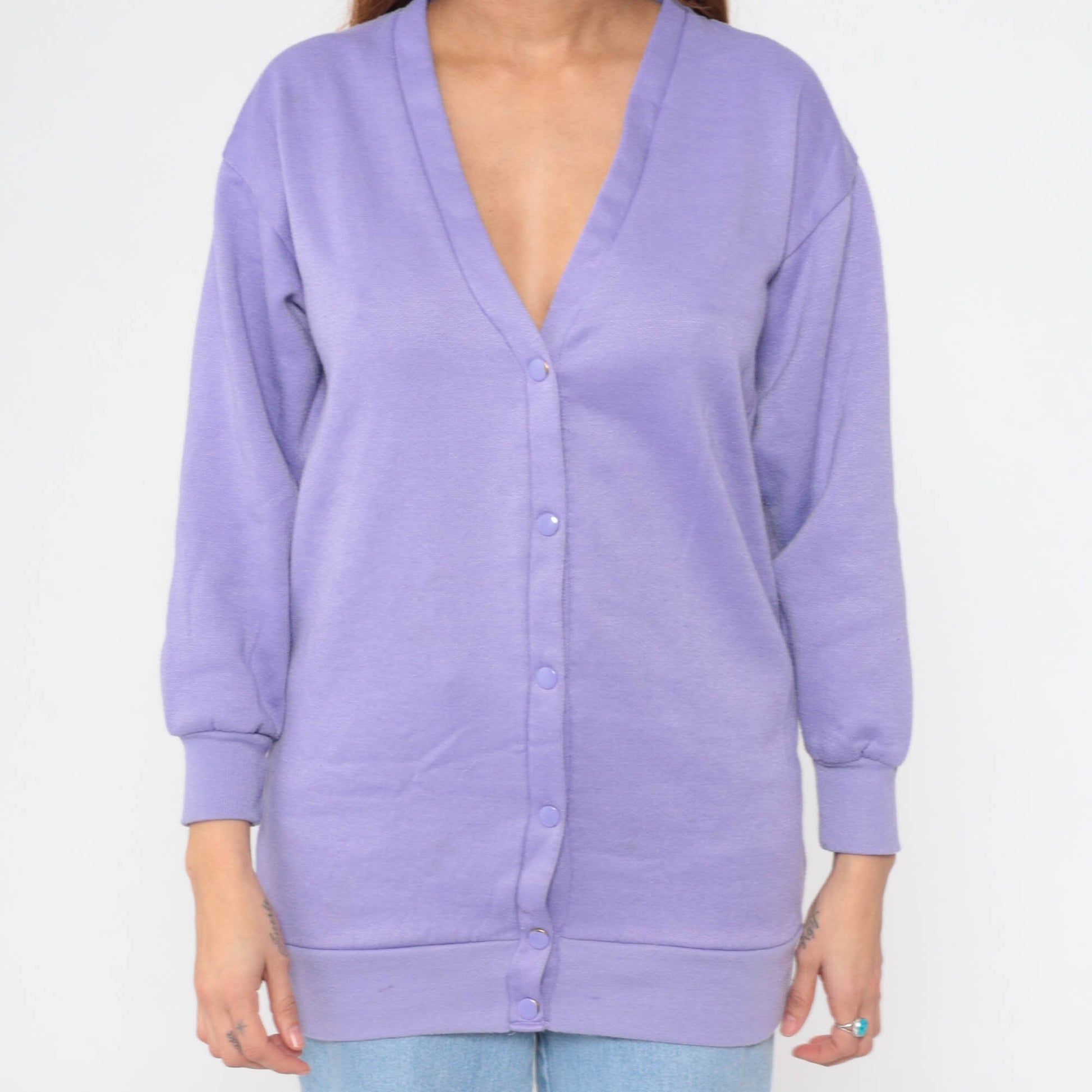 90s Lavender Cardigan Sweatshirt Snap Button V-Neck Slouchy Small