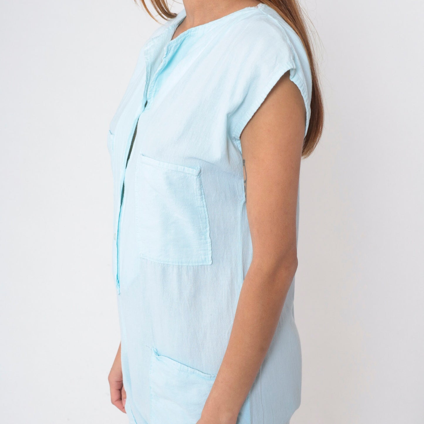 80s Baby Blue Cotton Jumpsuit Cap Sleeve Button Front Ankle Medium