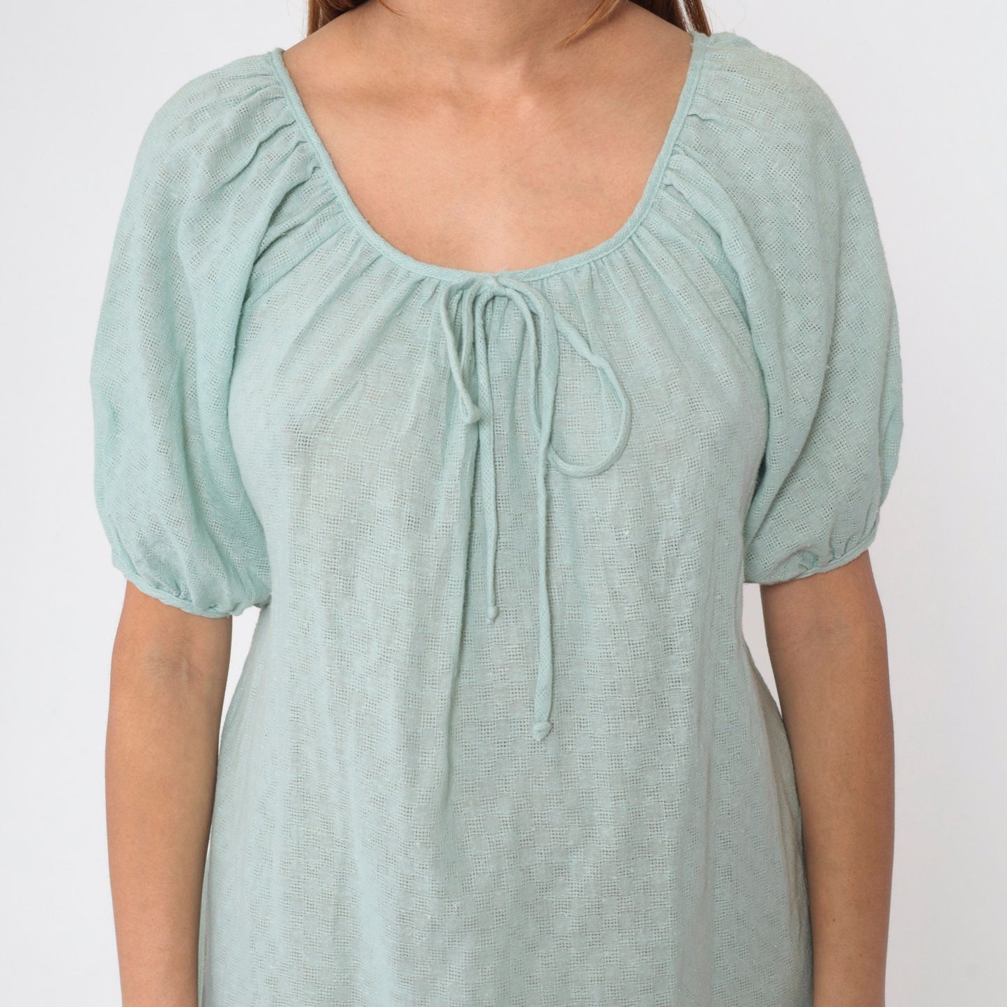 70s JC Penney Seafoam Shift Dress Bow Neck Midi Cotton Small