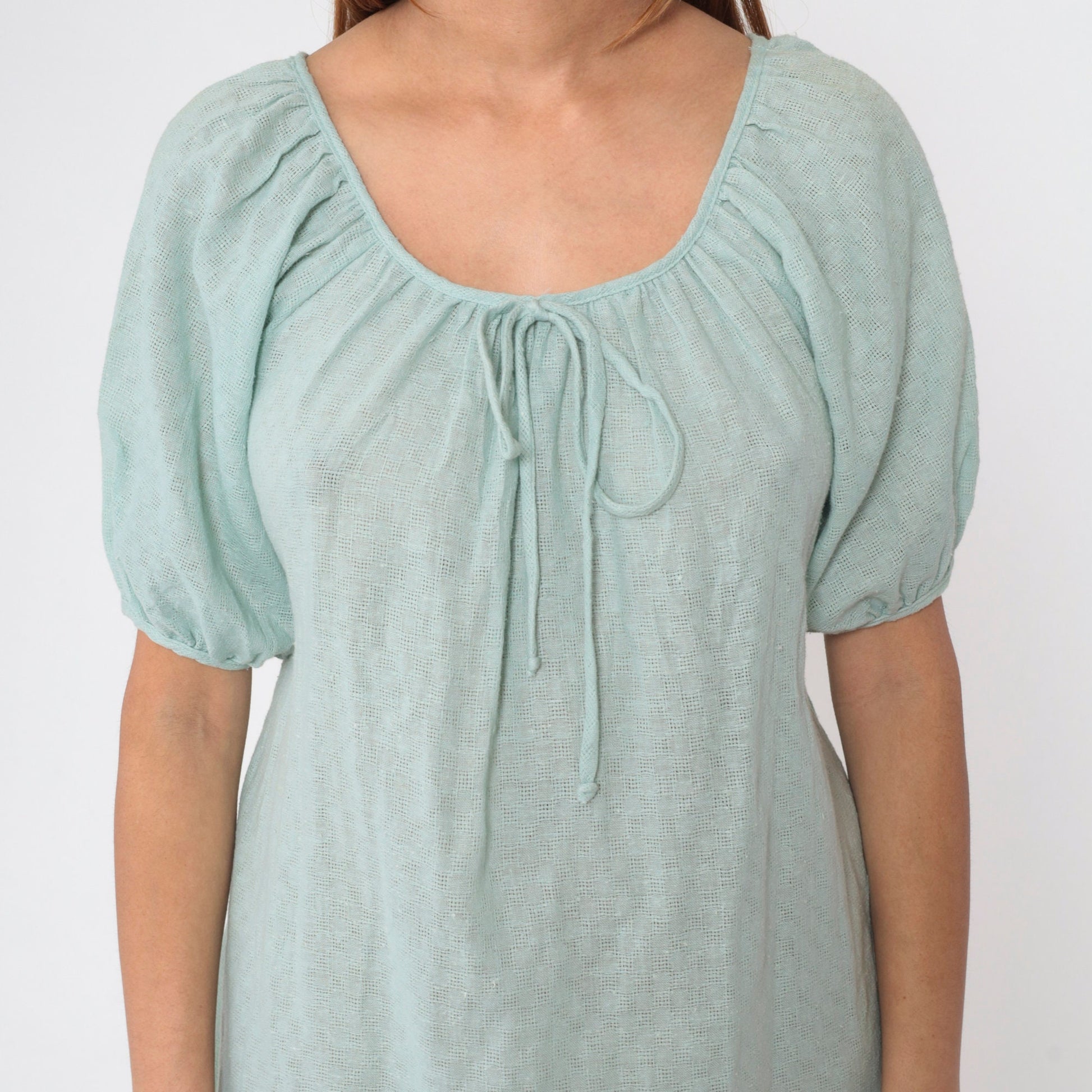 70s JC Penney Seafoam Shift Dress Bow Neck Midi Cotton Small