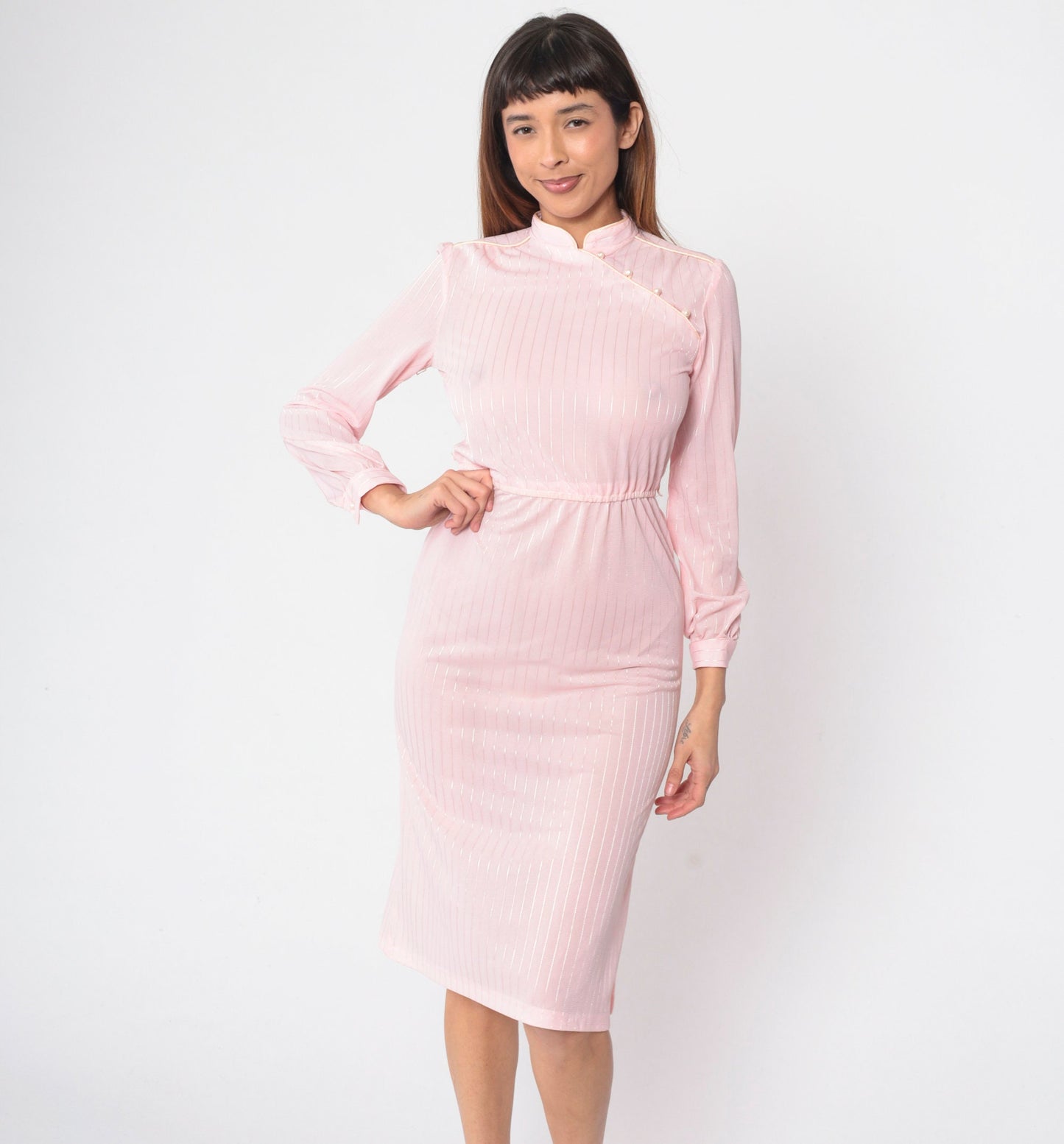 70s Mandarin Collar Midi Dress Baby Pink Striped Long Sleeve High Waist Extra Small