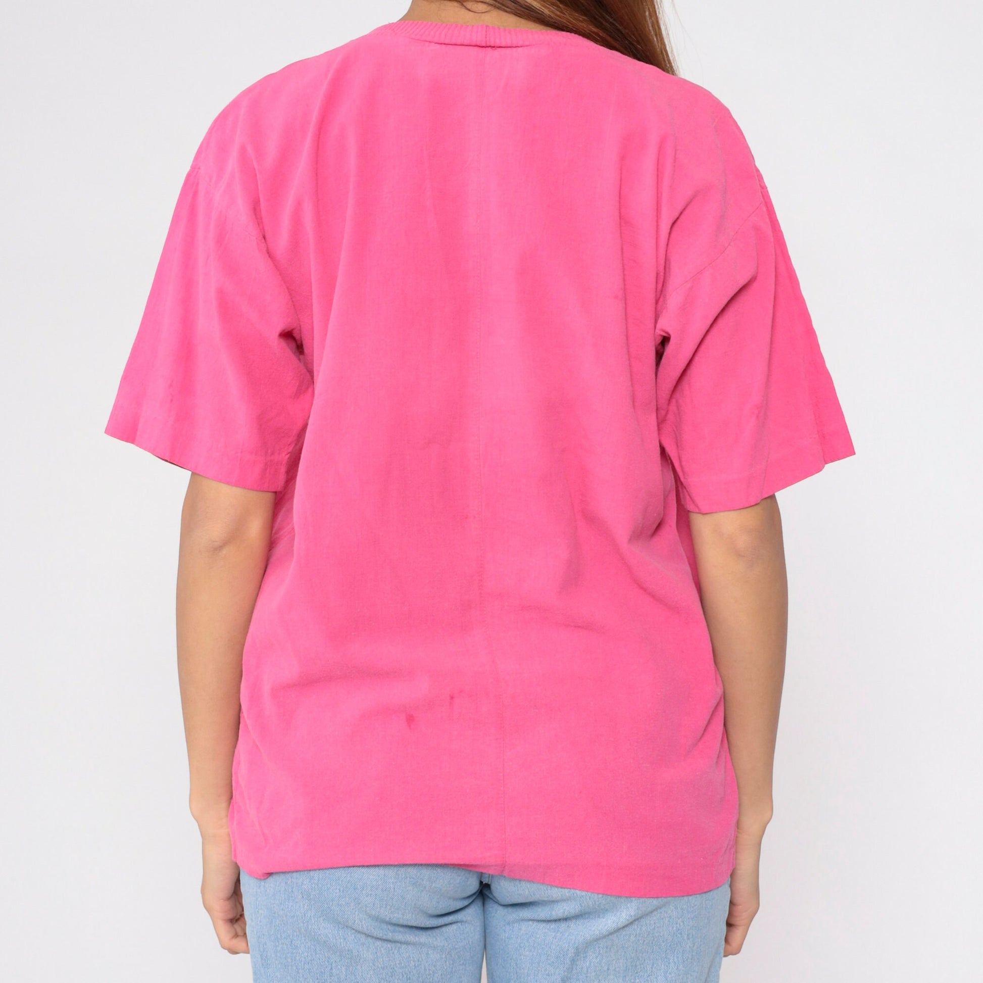 90s Peter Popovitch Embroidered Sun T-Shirt Hot Pink Abstract Tee Medium