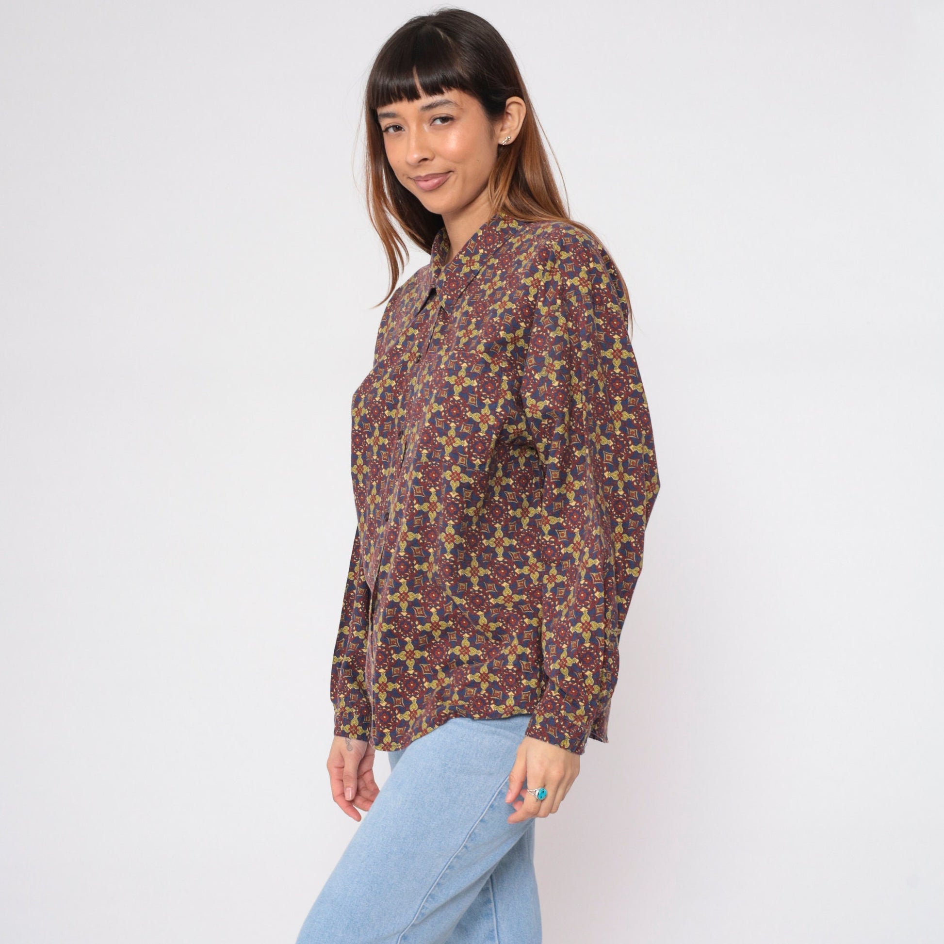 90s Van Heusen Geometric Floral Button-Up Blouse Long Sleeve Collared Shirt Large L