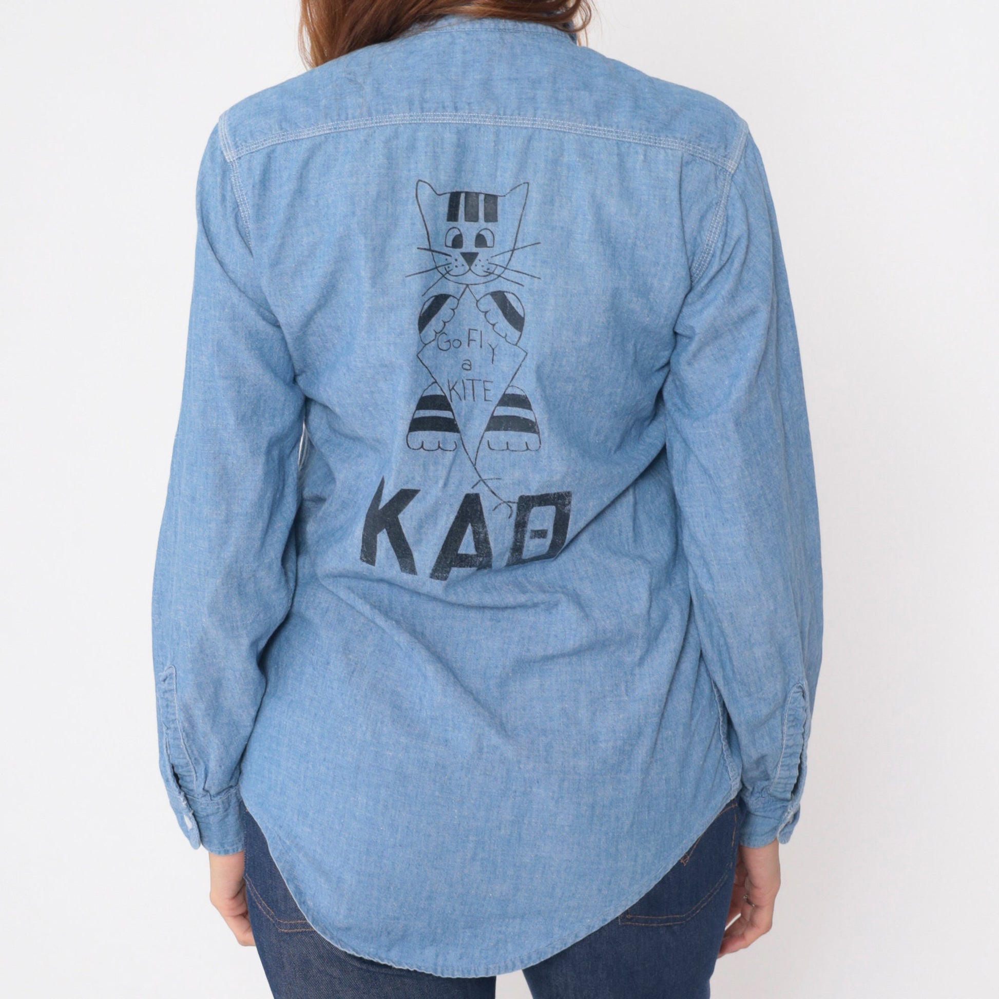 70s Big Mac Chambray Shirt Cat Kite Patch Button Up Blue Small