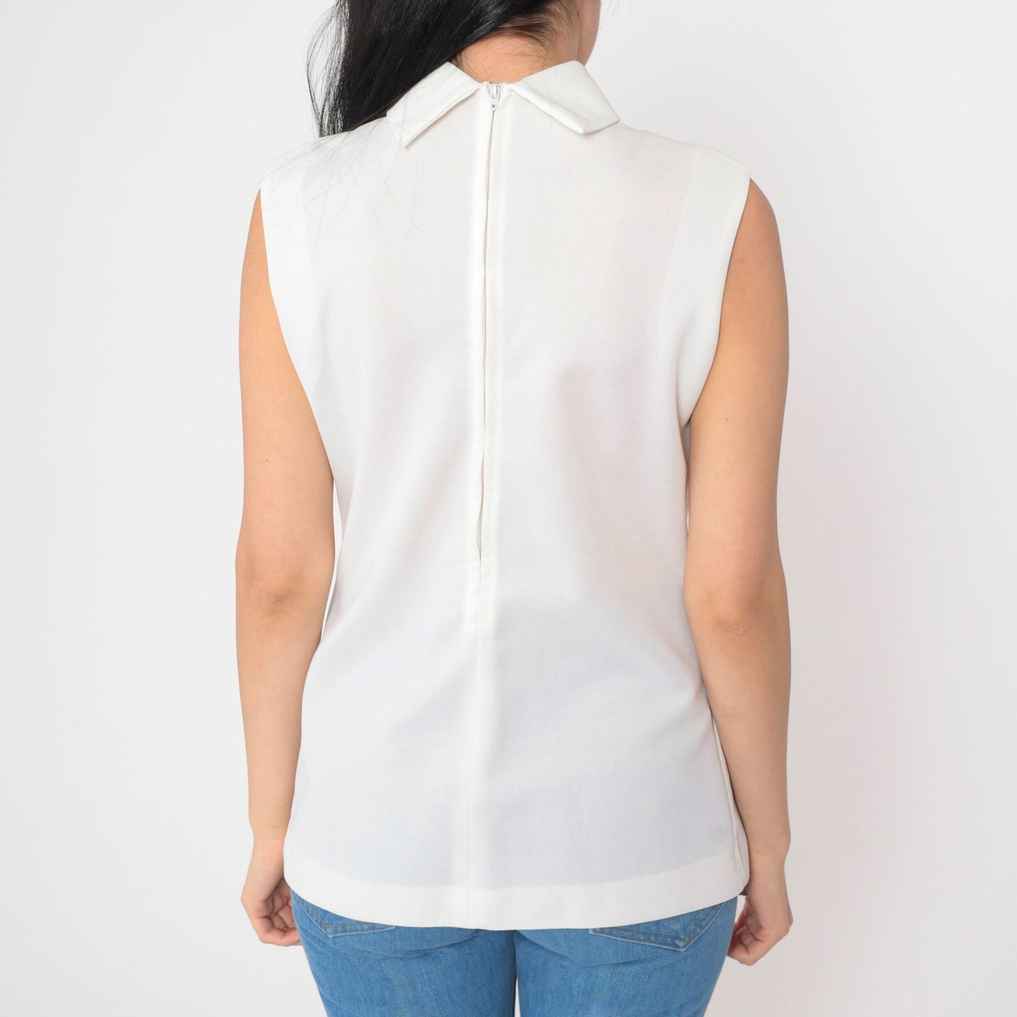 70s White Mock Neck Tank Top Semi-Sheer Sleeveless Blouse Small