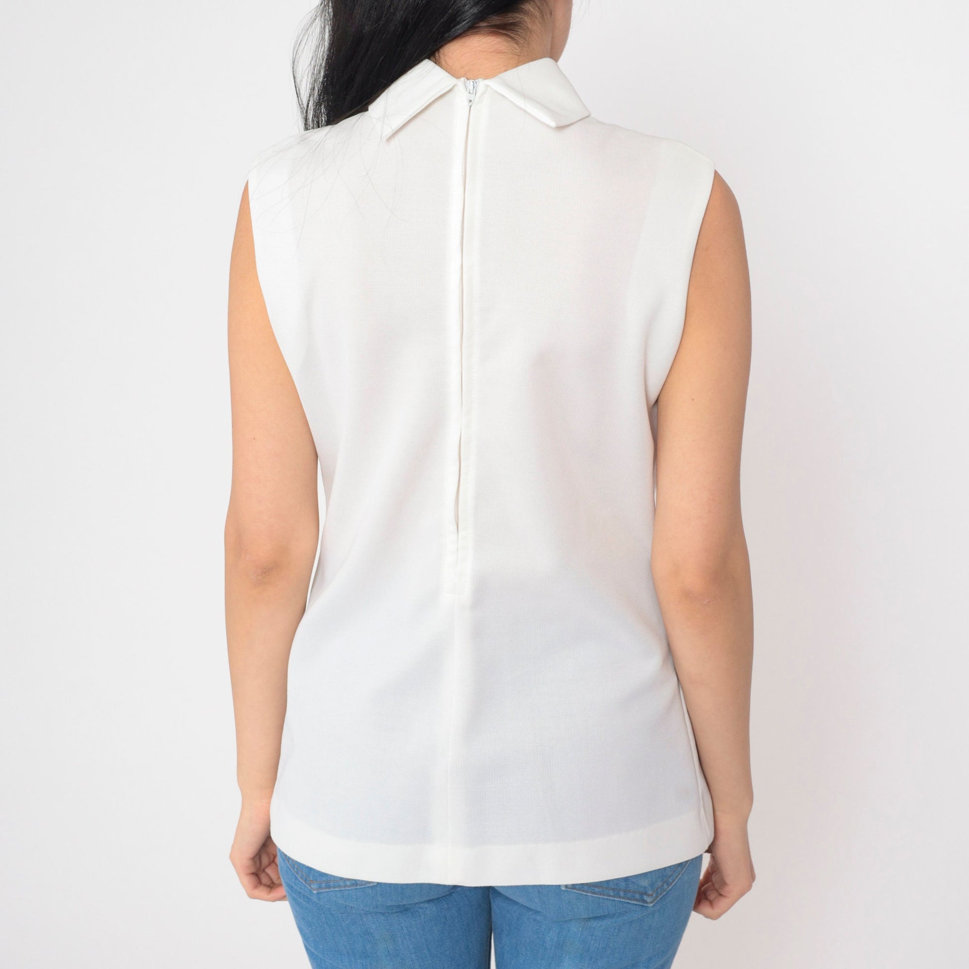 70s White Mock Neck Tank Top Semi-Sheer Sleeveless Blouse Small