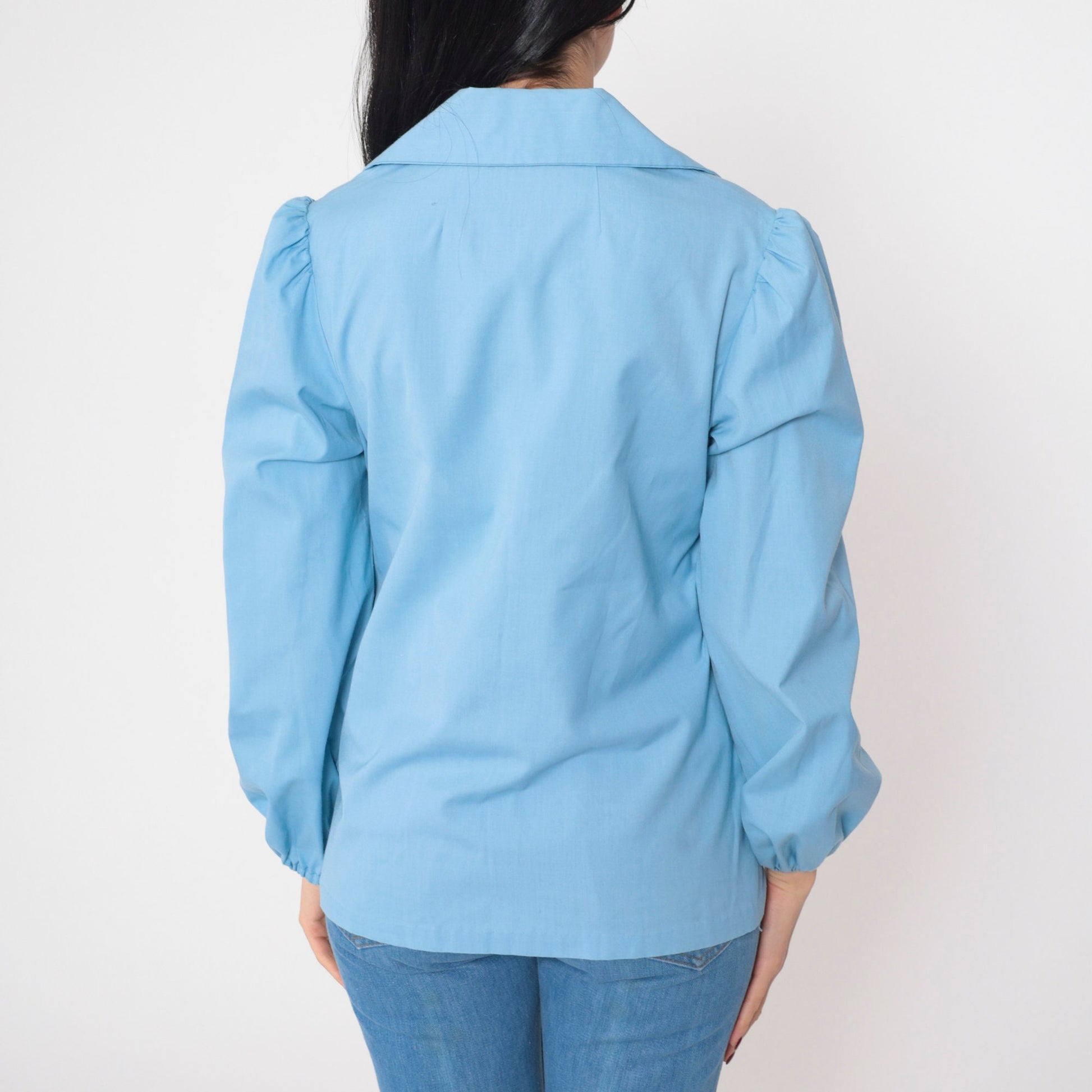 70s Baby Blue Blouse Puff Sleeve Collared V-Neck Long Sleeve Medium M