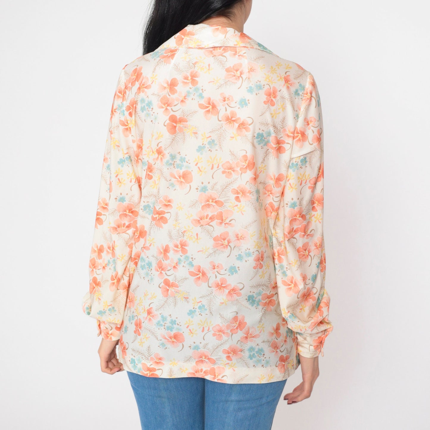 70s Floral Button-Up Blouse Off-White Orange Orchid Long Sleeve Collared Shirt Medium