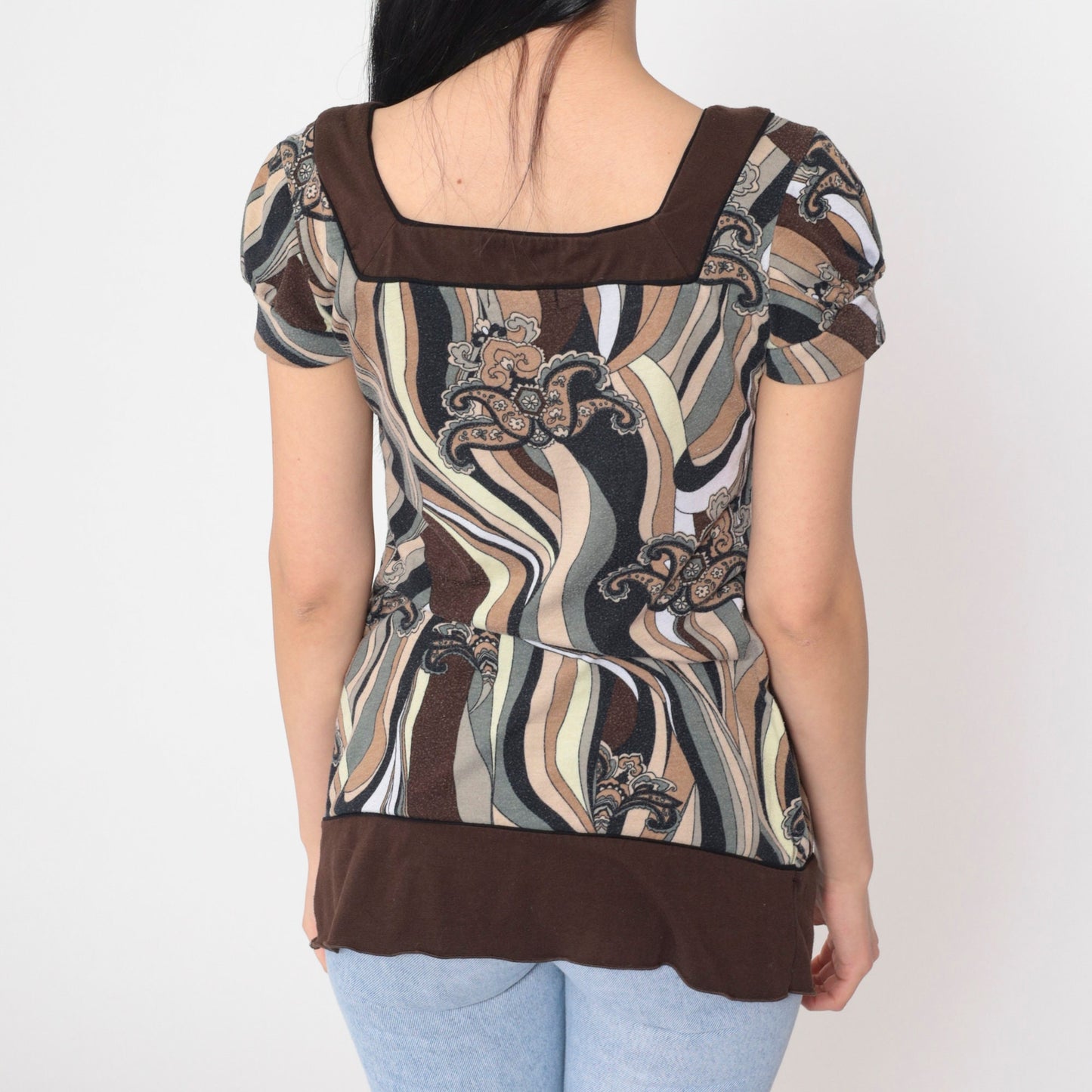 Y2K Abstract Floral Paisley Puff Sleeve Blouse Brown Short Sleeve Small S