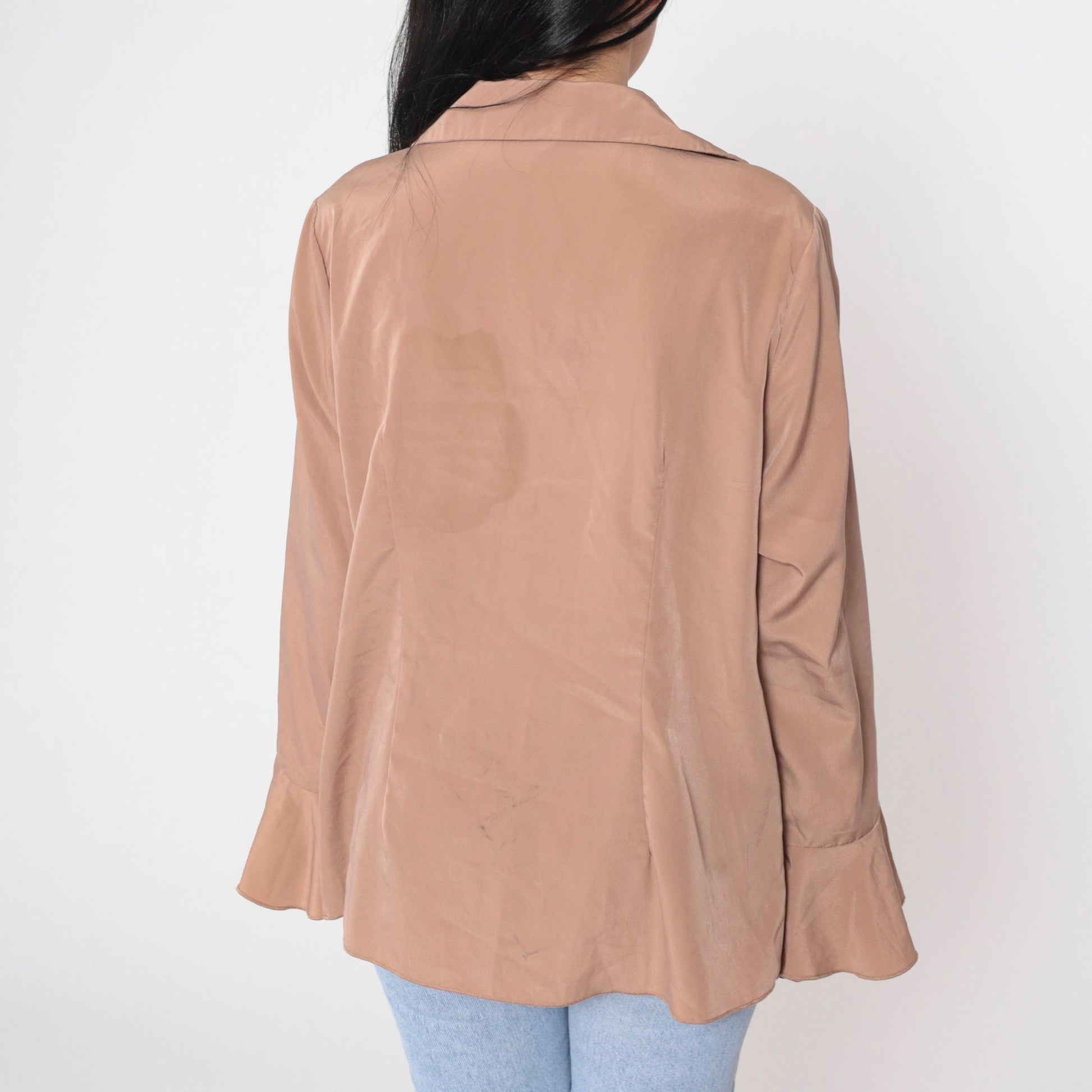 90s Cocoa Brown Ruffled V-Neck Blouse Long Bell Sleeve Vintage Poet Top Large L