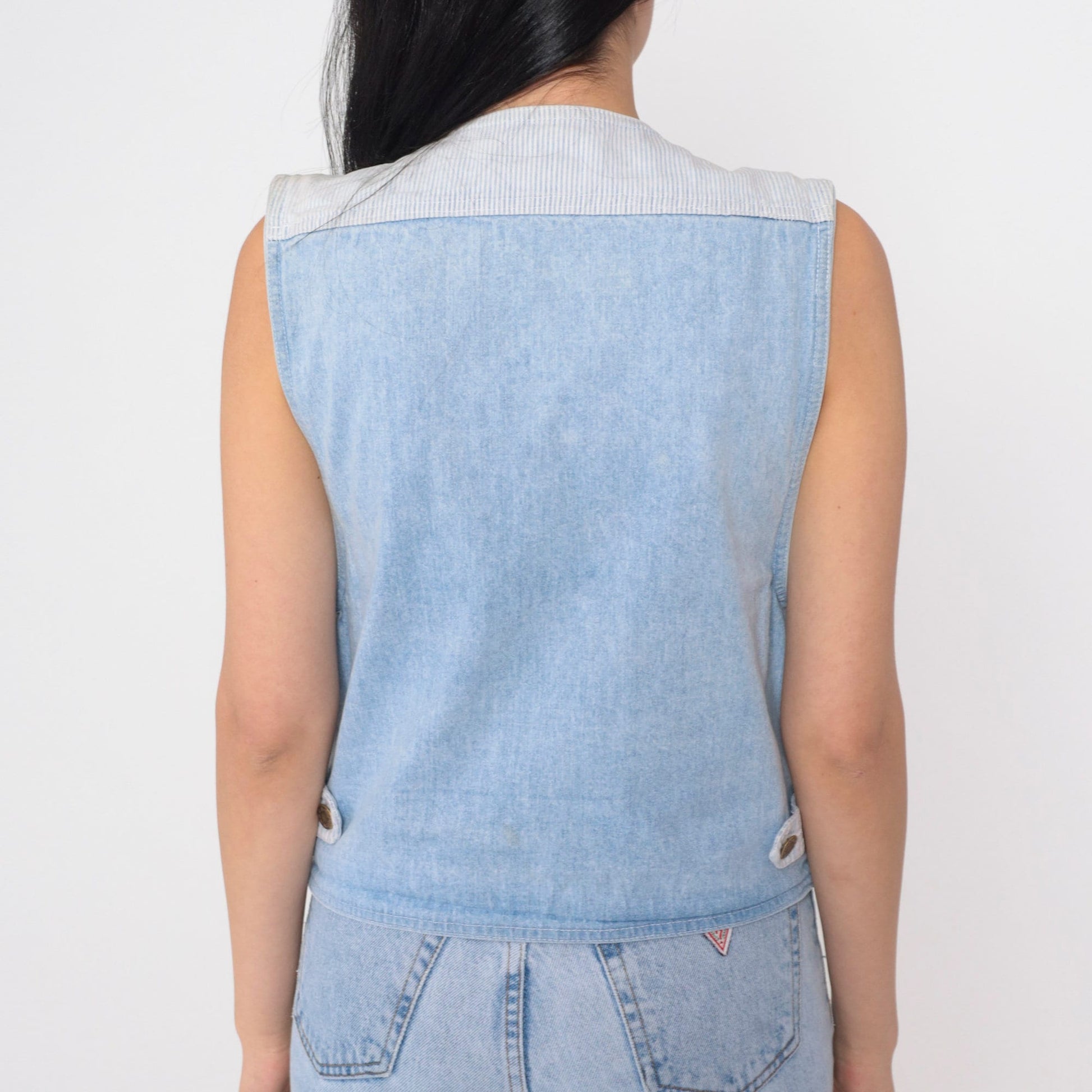 90s Blue Denim Cargo Vest Striped Button-Up Sleeveless Small S