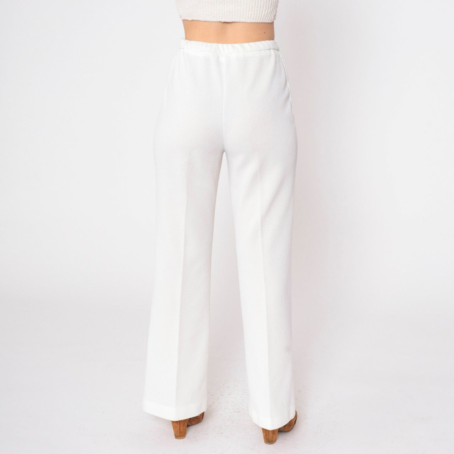 70s White High-Waist Straight Flared Trousers Elastic Waist Medium