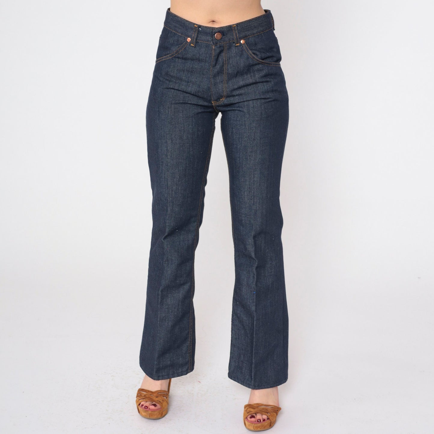 80s Dark Blue Flared Denim Jeans Mid Rise Orange Topstitch Small S