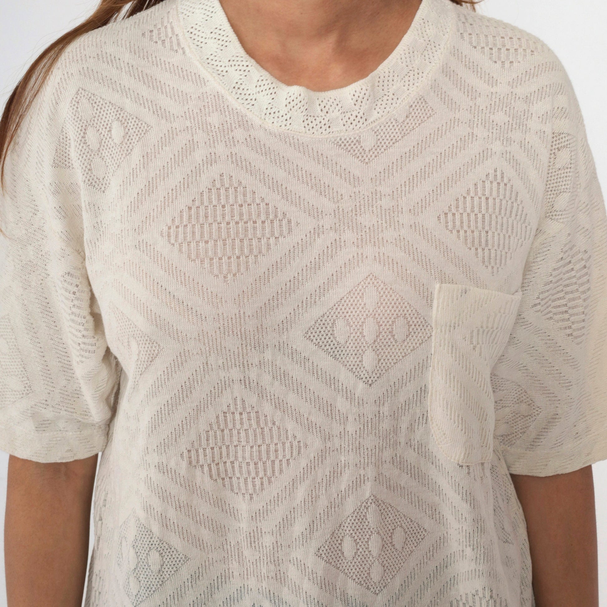 90s Black Hand Club Geometric Knit T-Shirt Off-White Chest Pocket Medium