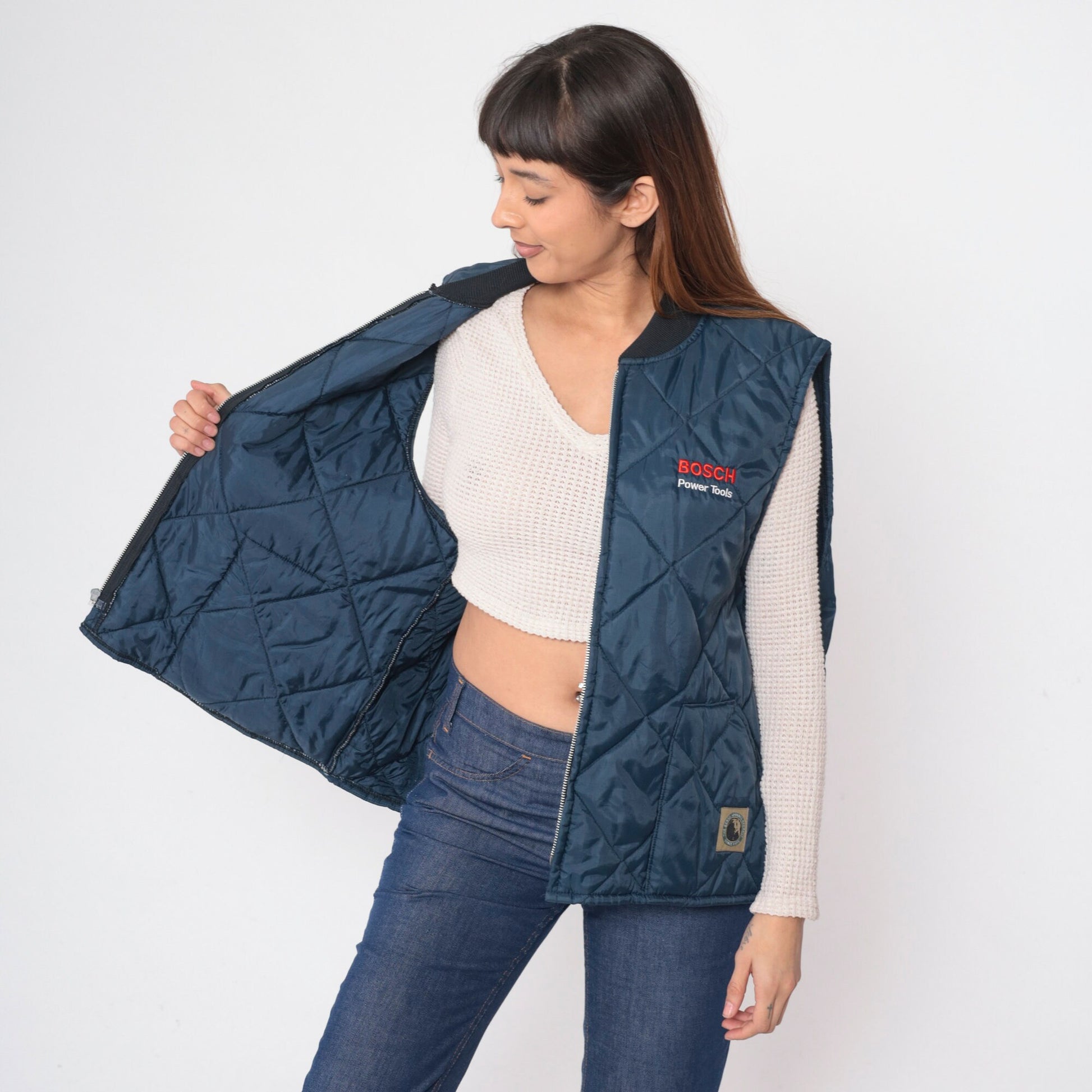 90s Berne Bosch Power Tools Quilted Puffer Vest Dark Blue Extra Large XXL