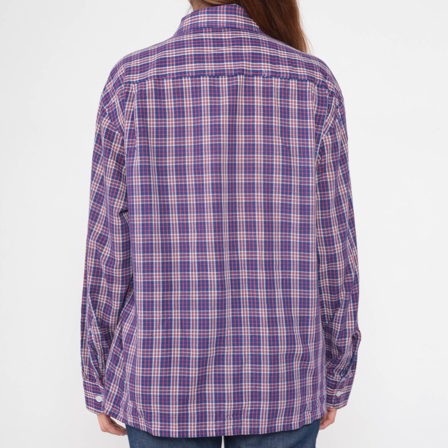 70s Plaid Button-Up Shirt Red Blue White Tartan Cotton Blend Large