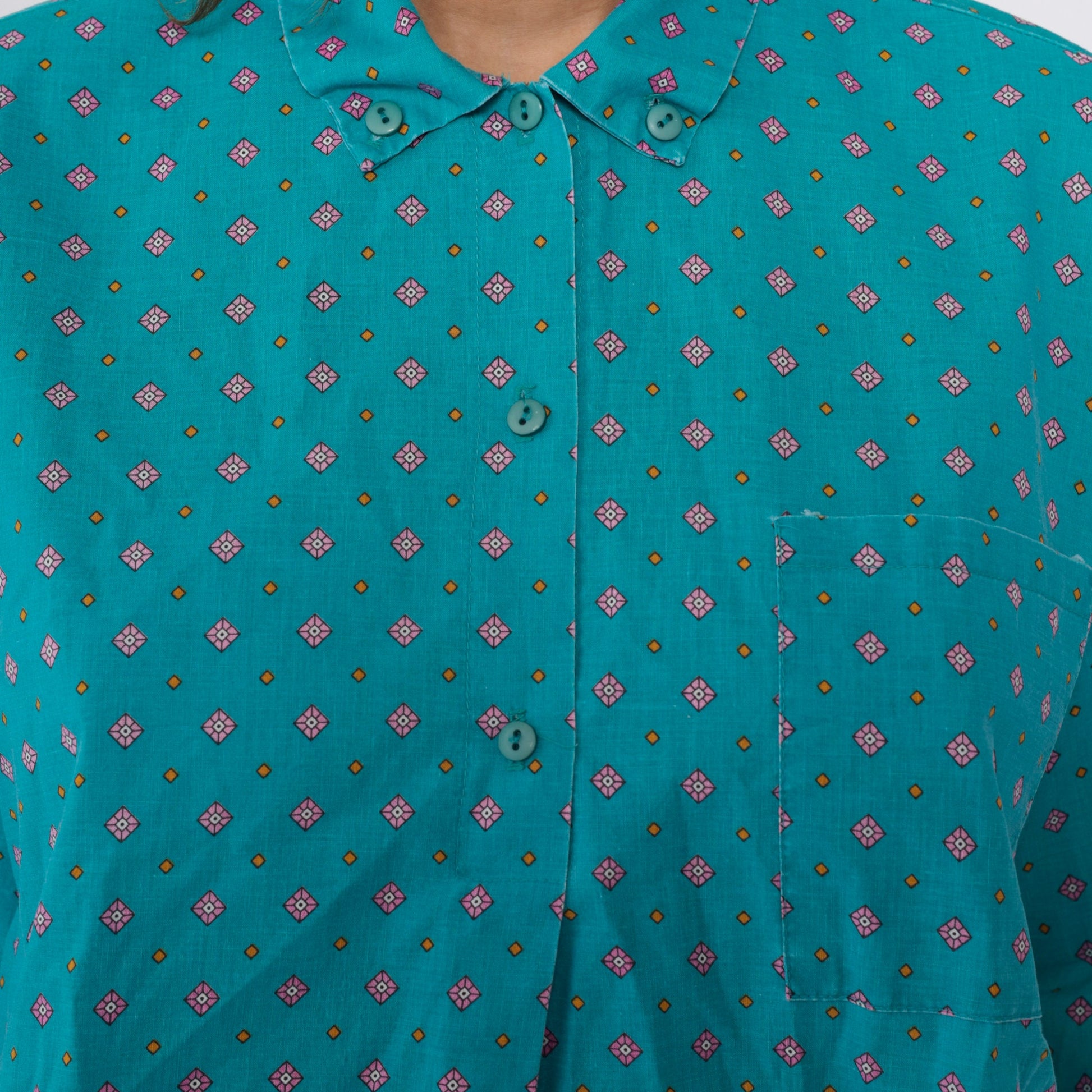 90s Geometric Floral Button-Up Blouse Turquoise Diamond Print Half Sleeve Large L