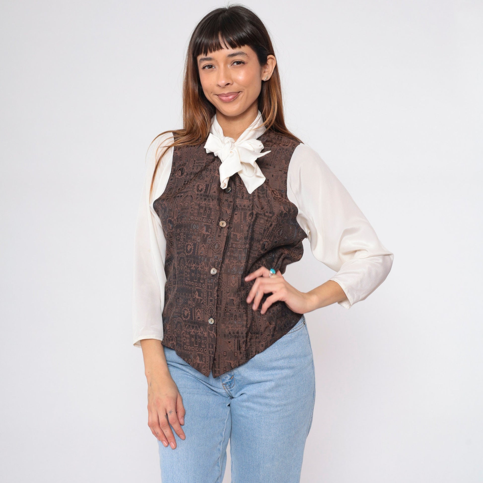 90s Off-White Button-Up Blouse with Attached Brown Vest and Necktie Medium