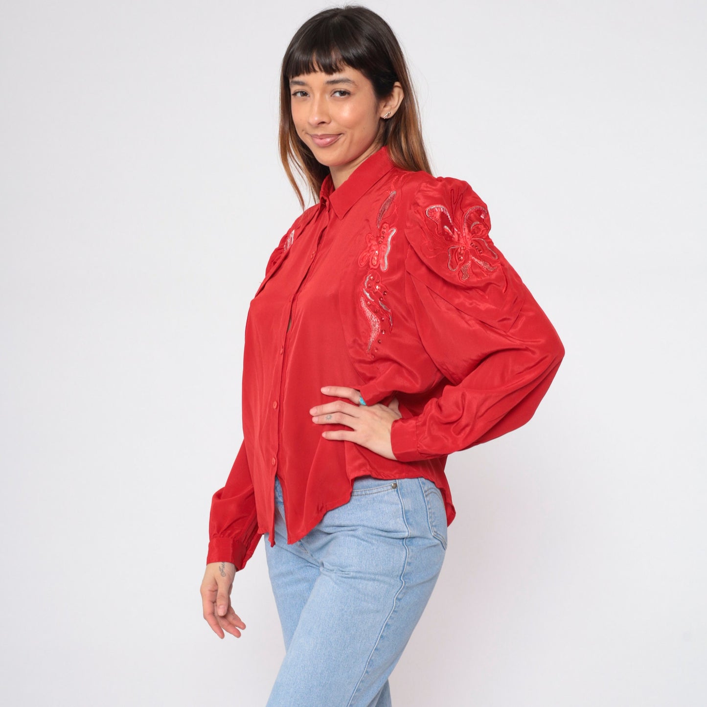 90s Red Sequin Embroidered Button-Up Blouse Puff Sleeve Large L
