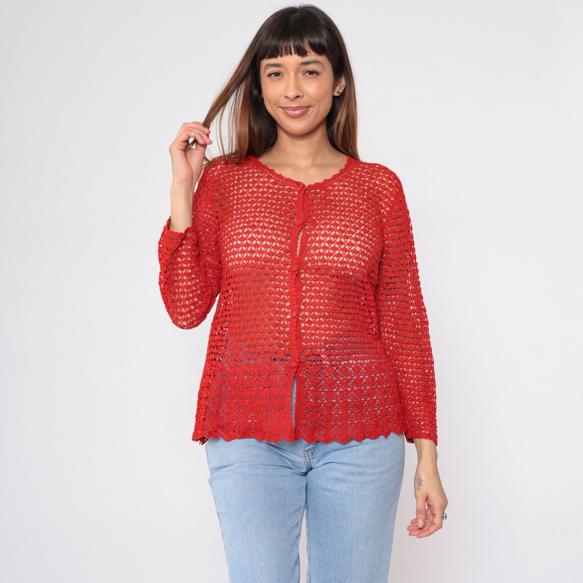 90s Red Crochet Cardigan Floral Cutout Button-Up Sweater Large L