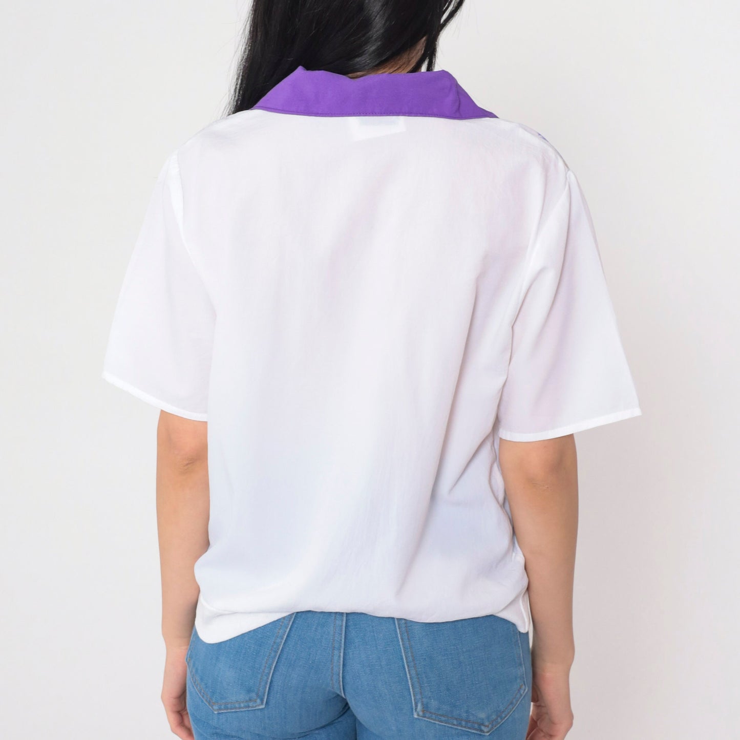 80s White Glitter Floral Shirt Purple Collar Short Sleeve Polo Top Medium