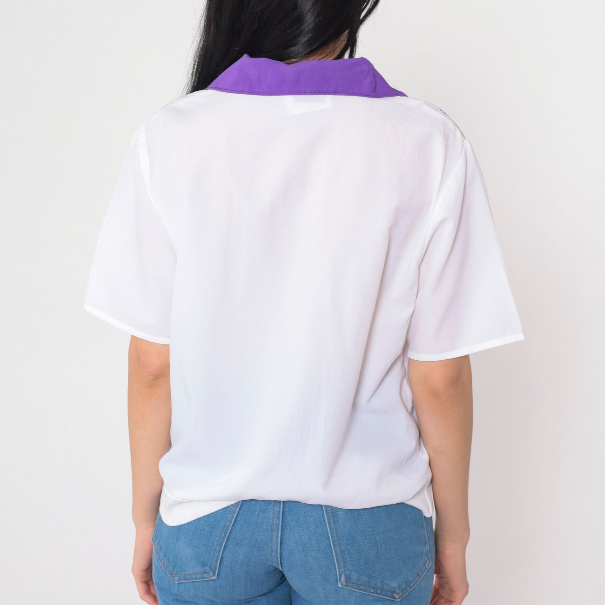 80s White Glitter Floral Shirt Purple Collar Short Sleeve Polo Top Medium