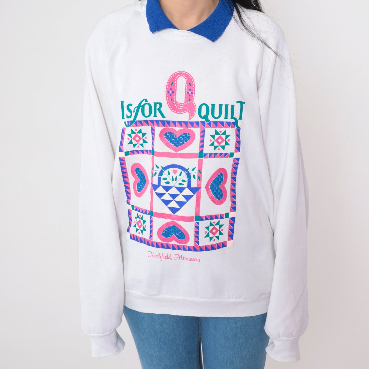 90s Q is for Quilt Northfield Minnesota Raglan Sweatshirt White Collared Extra Large XL
