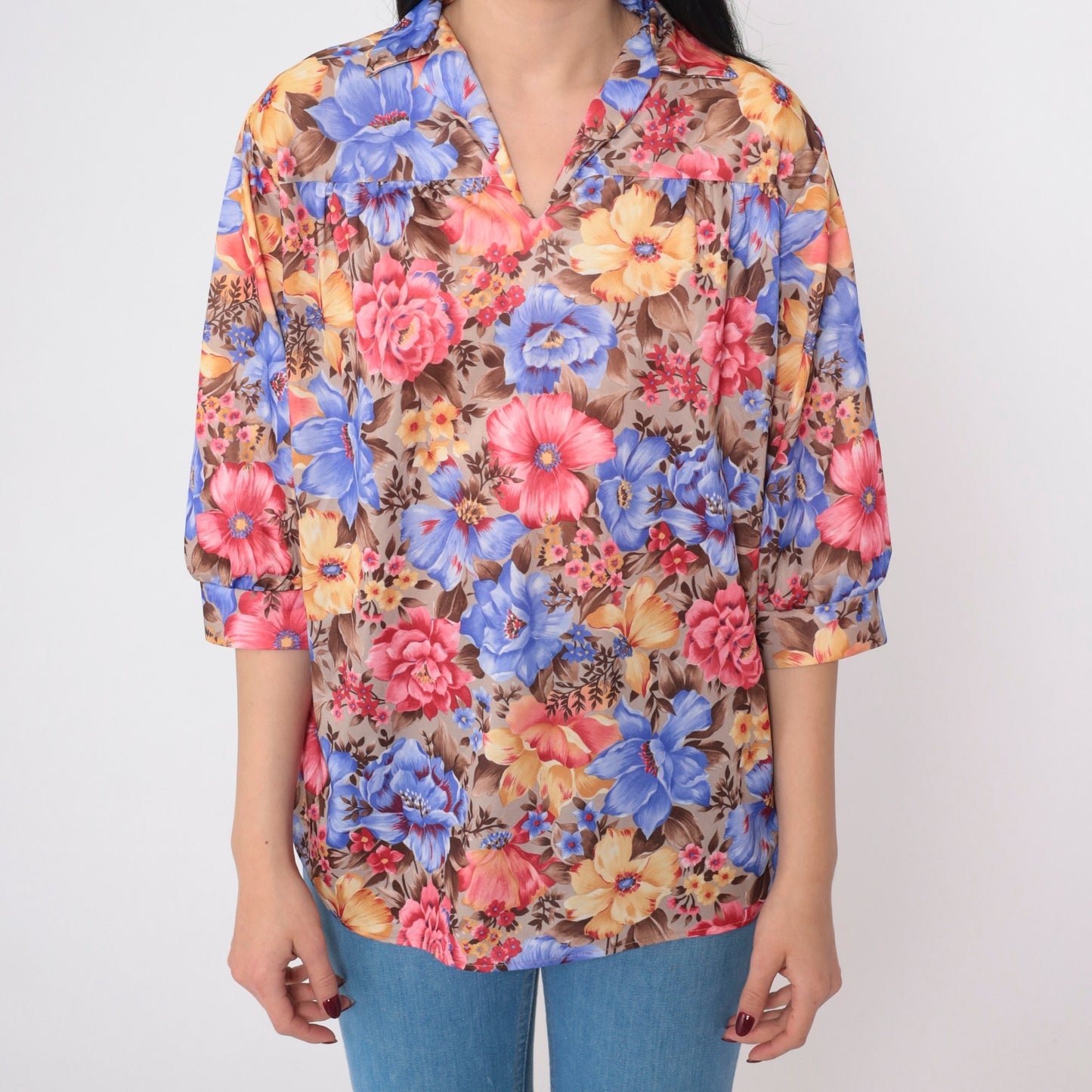 70s Floral Pleated Blouse Collared V-Neck 3/4 Sleeve Medium