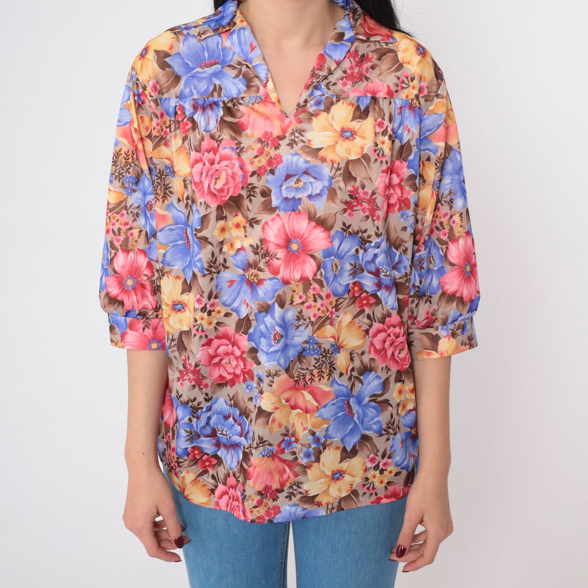 70s Floral Pleated Blouse Collared V-Neck 3/4 Sleeve Medium