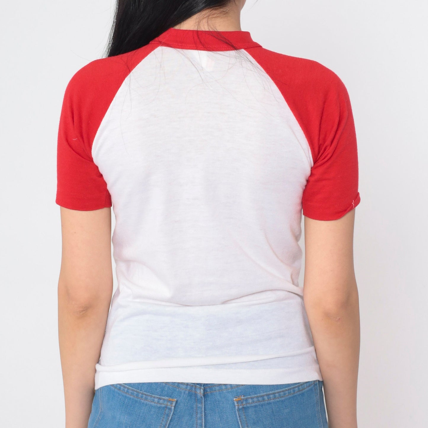 80s Disneyland Mickey Mouse Raglan T-Shirt White Red Graphic Cotton Extra Small XS