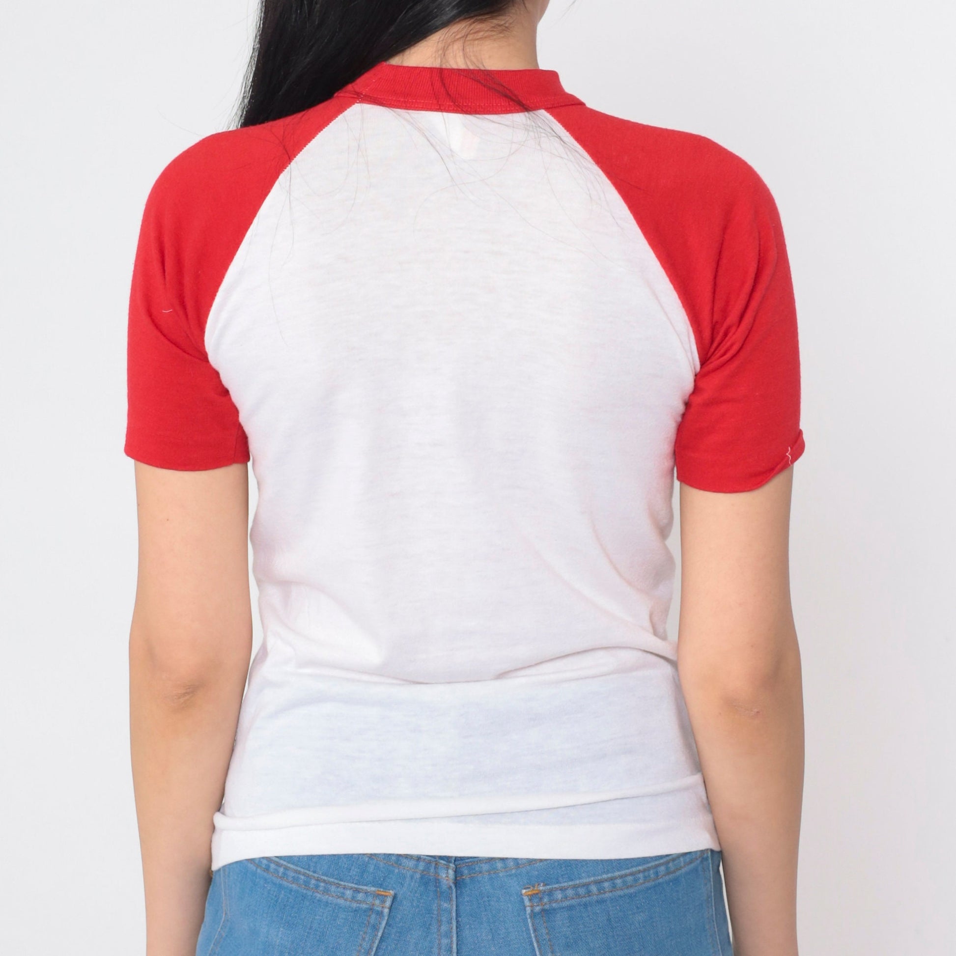 80s Disneyland Mickey Mouse Raglan T-Shirt White Red Graphic Cotton Extra Small XS