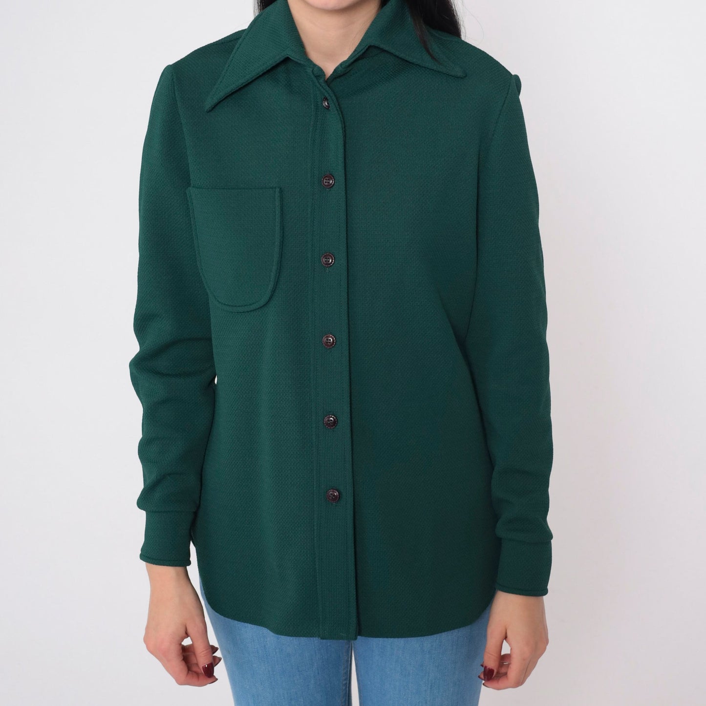 70s Forest Green Wing Collar Button-Up Blouse Long Sleeve Medium