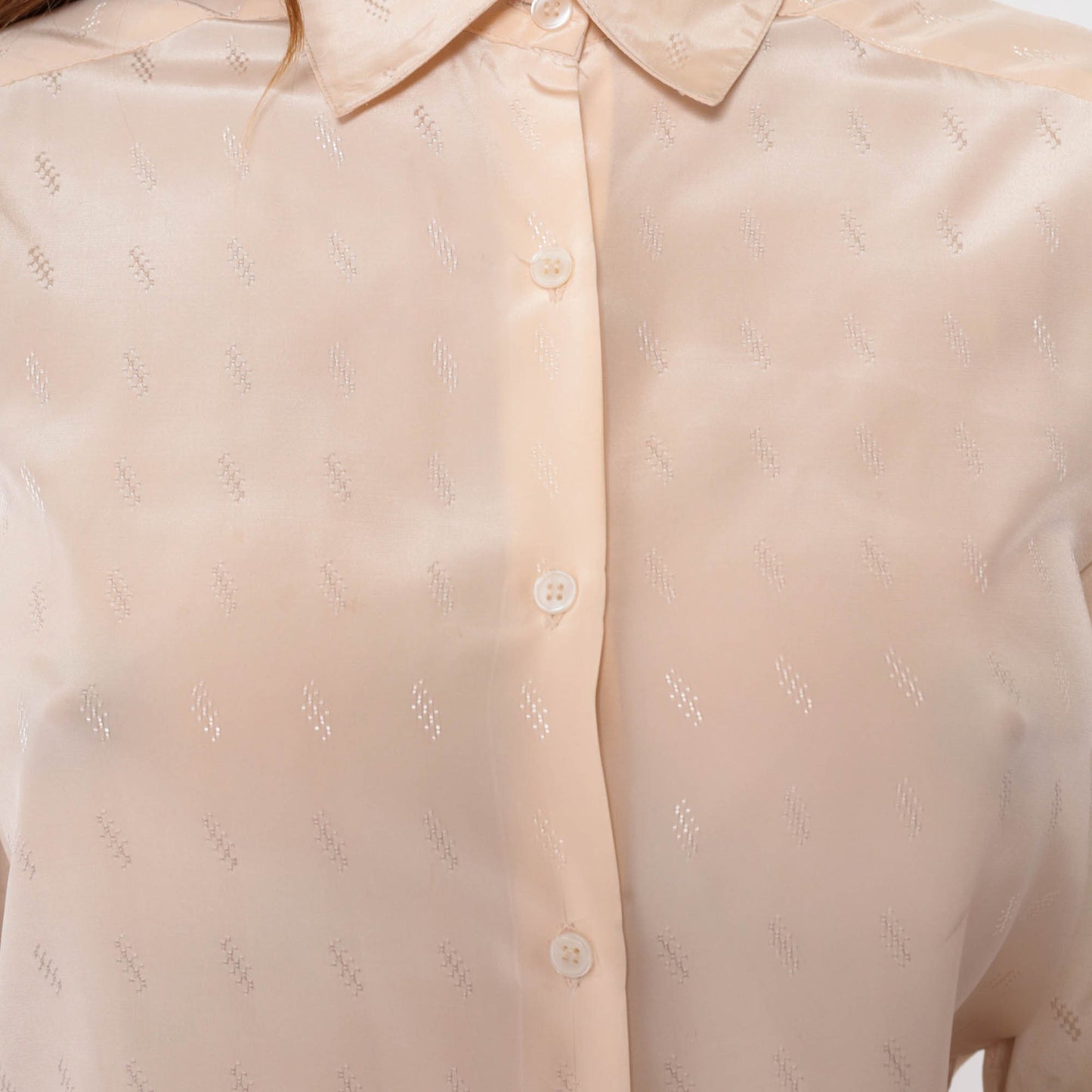 80s Cream Embossed Geometric Button-Up Blouse Long Sleeve Collared Shirt Small