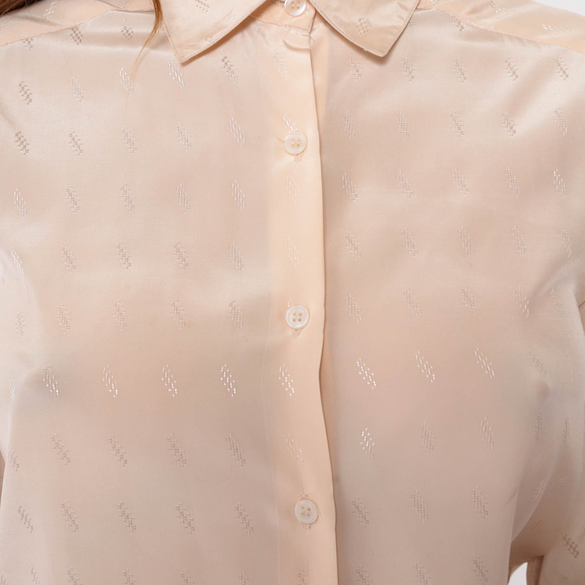 80s Cream Embossed Geometric Button-Up Blouse Long Sleeve Collared Shirt Small