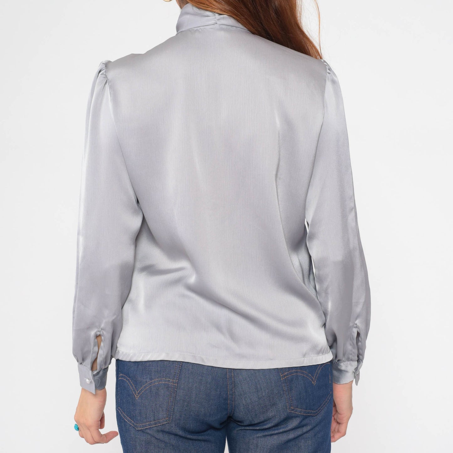80s Silver Grey Puff Sleeve Blouse Pearl Button Mock Neck Medium