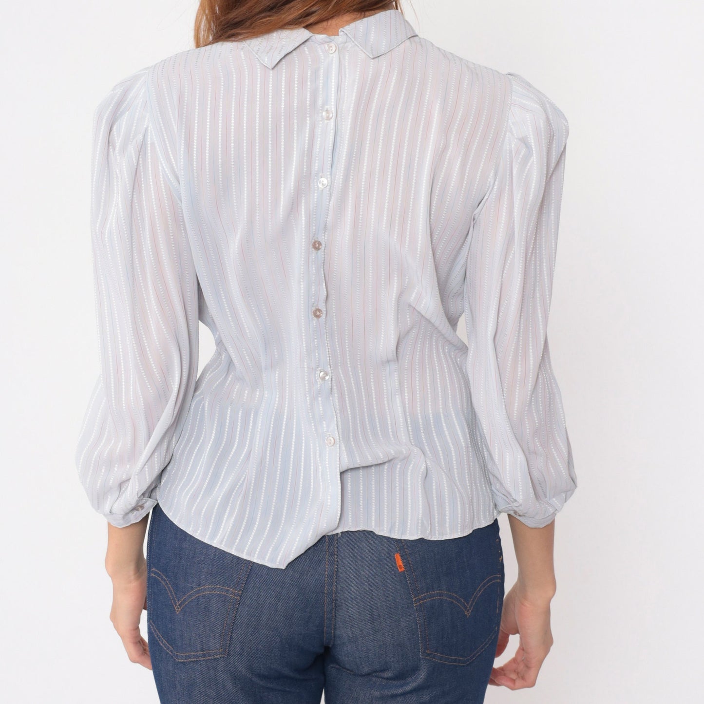 80s Pure Class Grey Pinstriped Puff Sleeve Blouse Button Back Medium