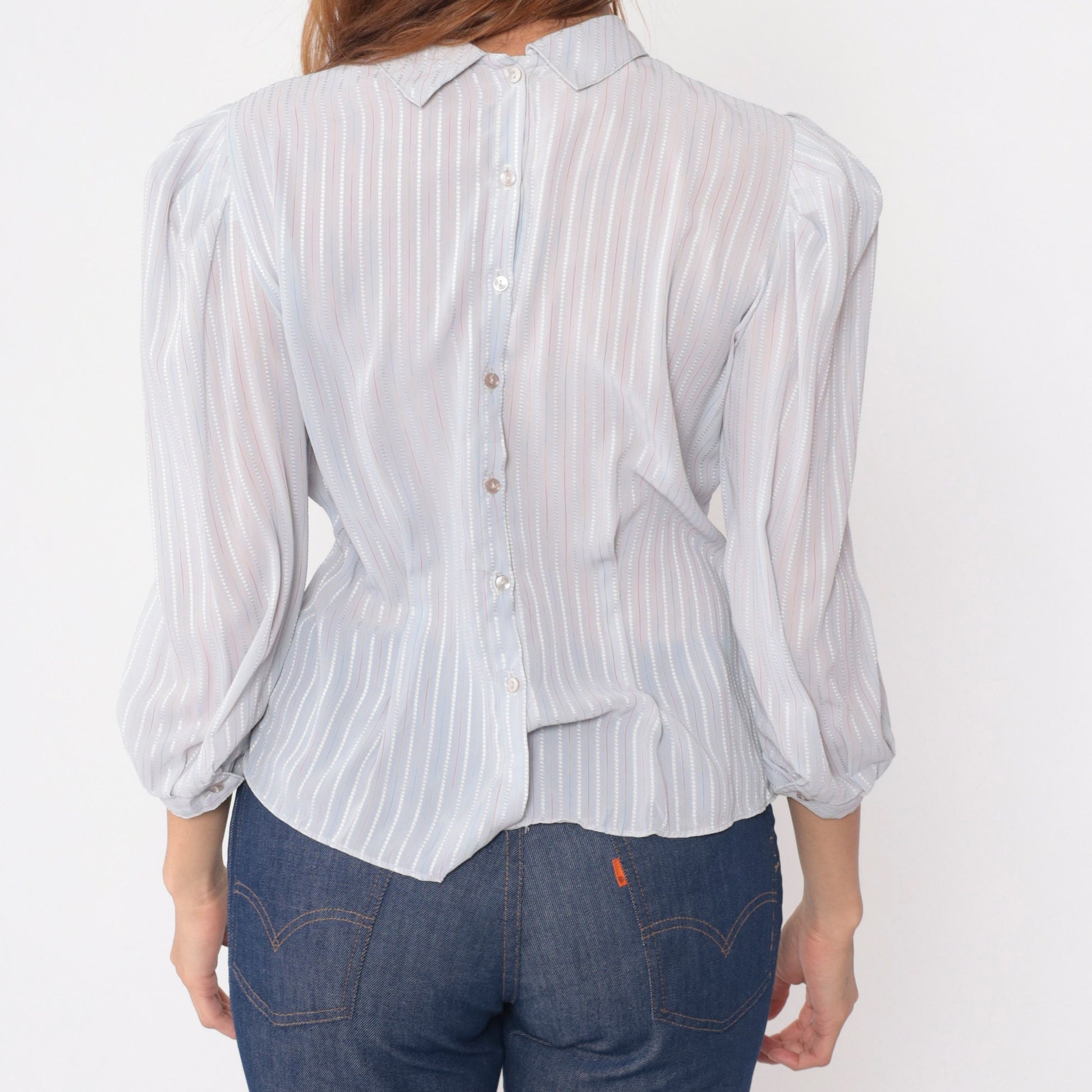 80s Pure Class Grey Pinstriped Puff Sleeve Blouse Button Back Medium