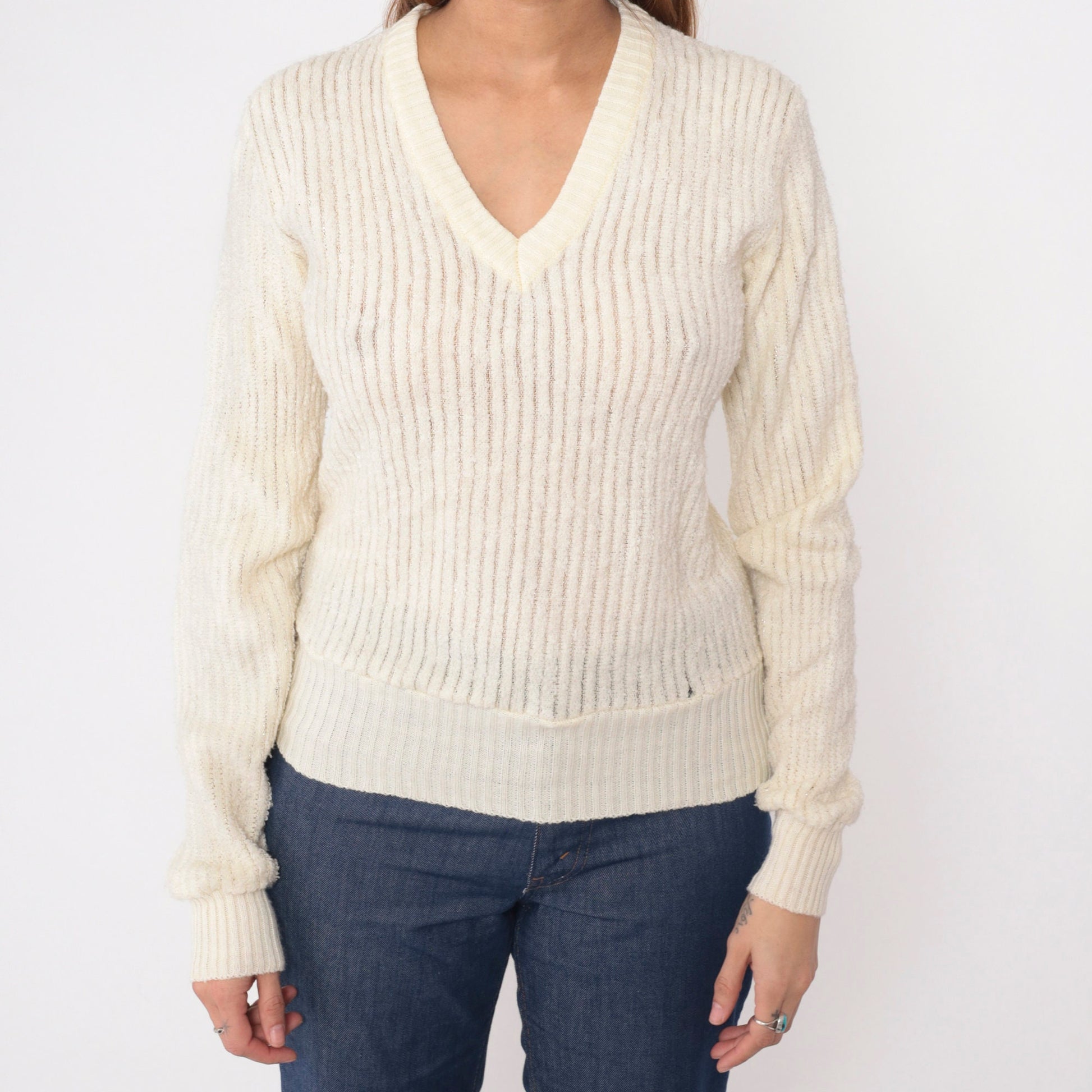 70s Terry Cloth V-Neck Sweatshirt Cream Ribbed Pullover XS