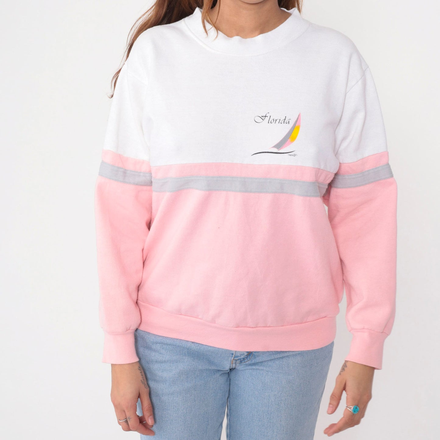 80s Florida Sailboat Sweatshirt Baby Pink White Color Block Crewneck Medium