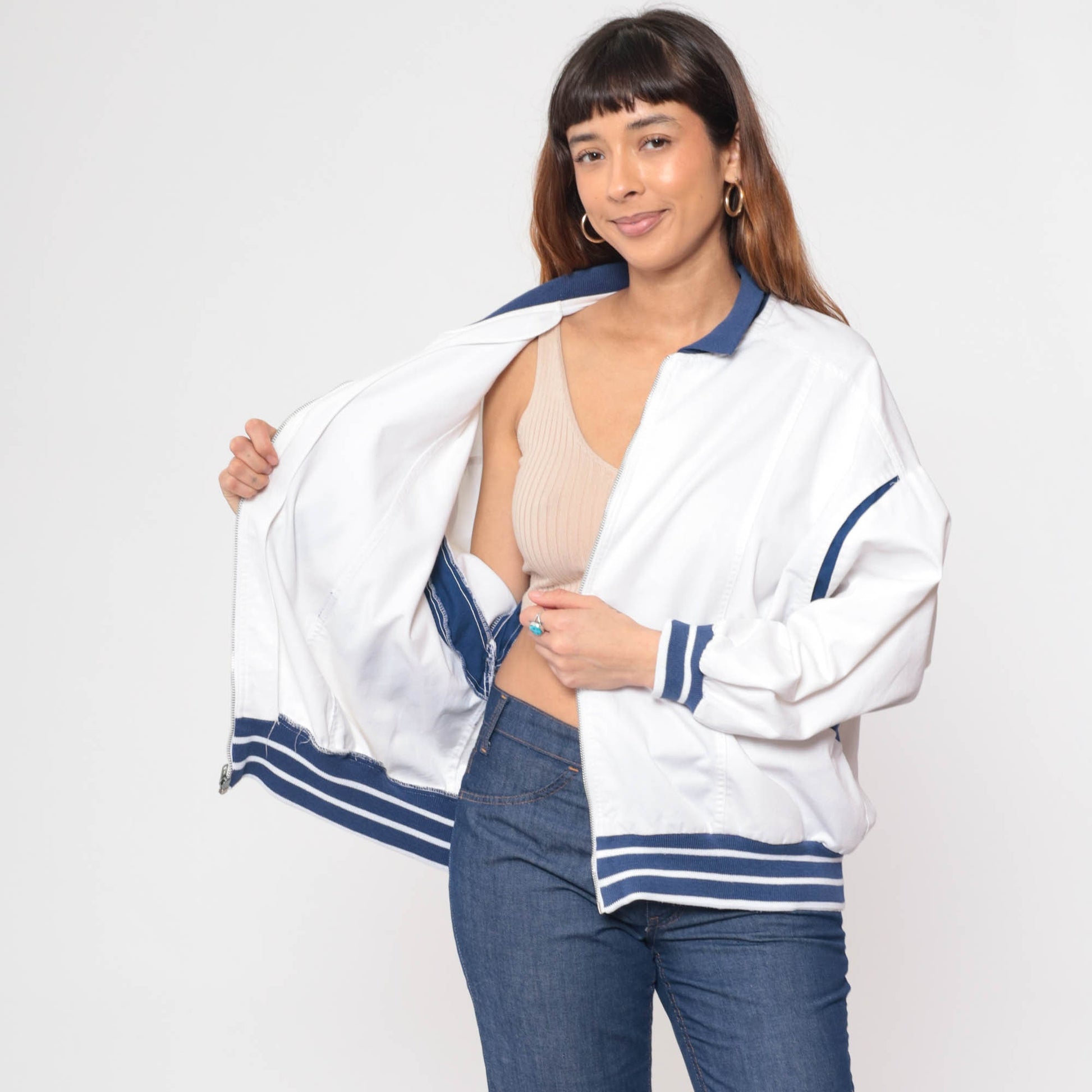 80s White Windbreaker Jacket Dark Blue Stripes Full Zip Track Jacket Extra Large XL