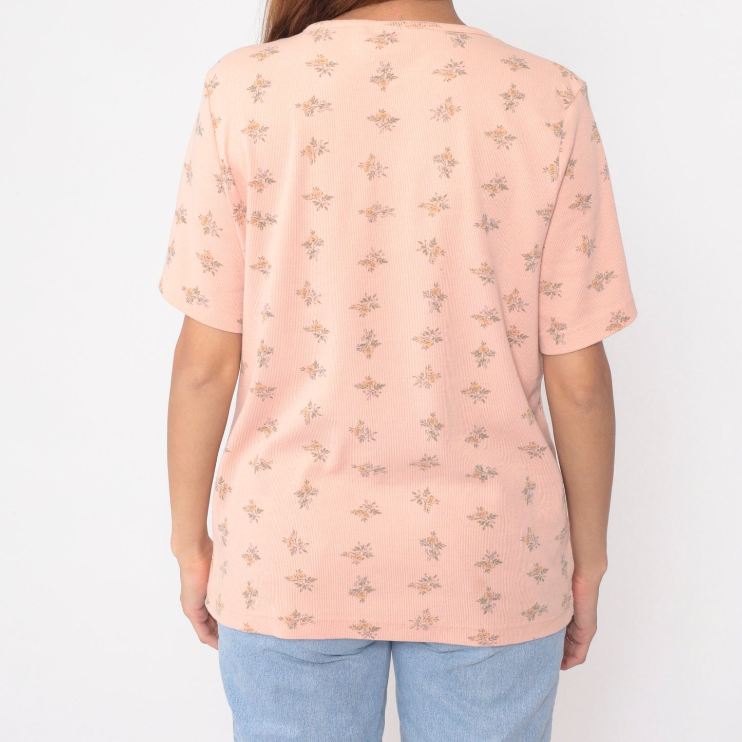 90s White Stag Peach Floral Graphic T-Shirt All Over Print Medium Large