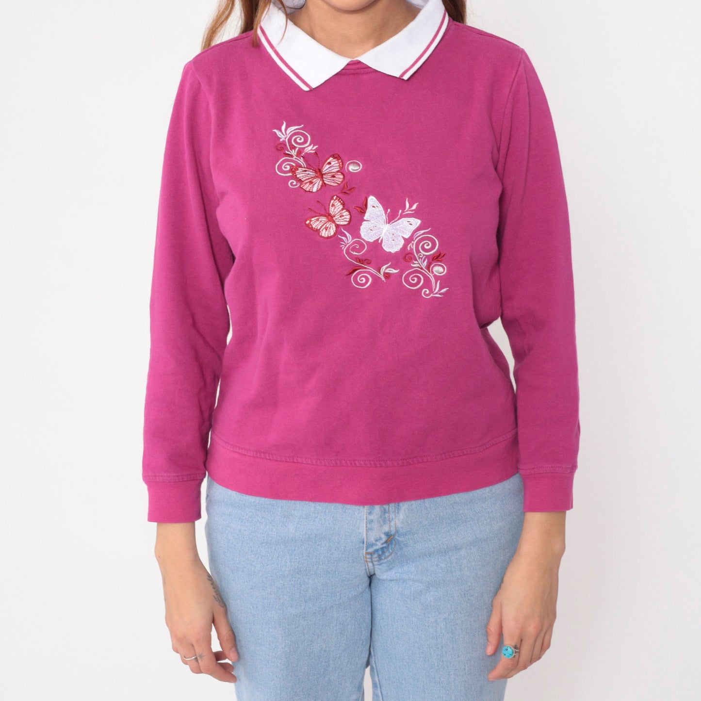 90s Butterfly Embroidered Sweatshirt Magenta Collared Graphic Medium