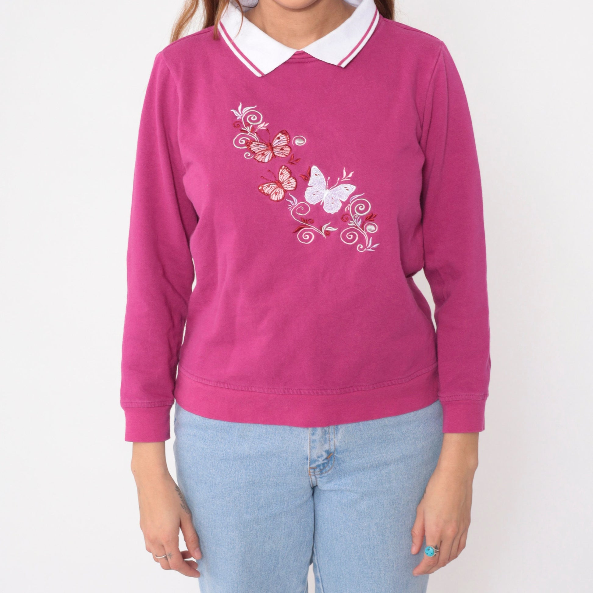 90s Butterfly Embroidered Sweatshirt Magenta Collared Graphic Medium