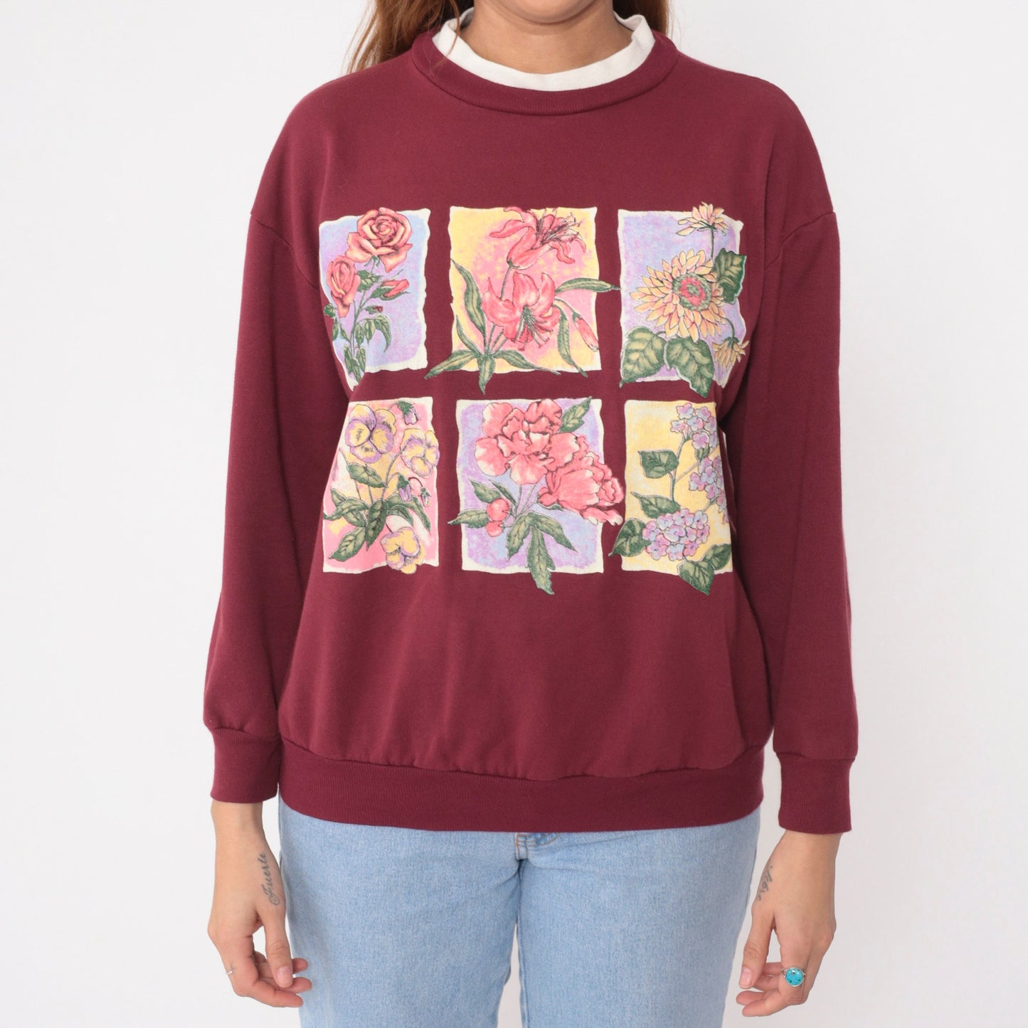 90s Burgundy Floral Sweatshirt Double Collar Crewneck Pullover Large L