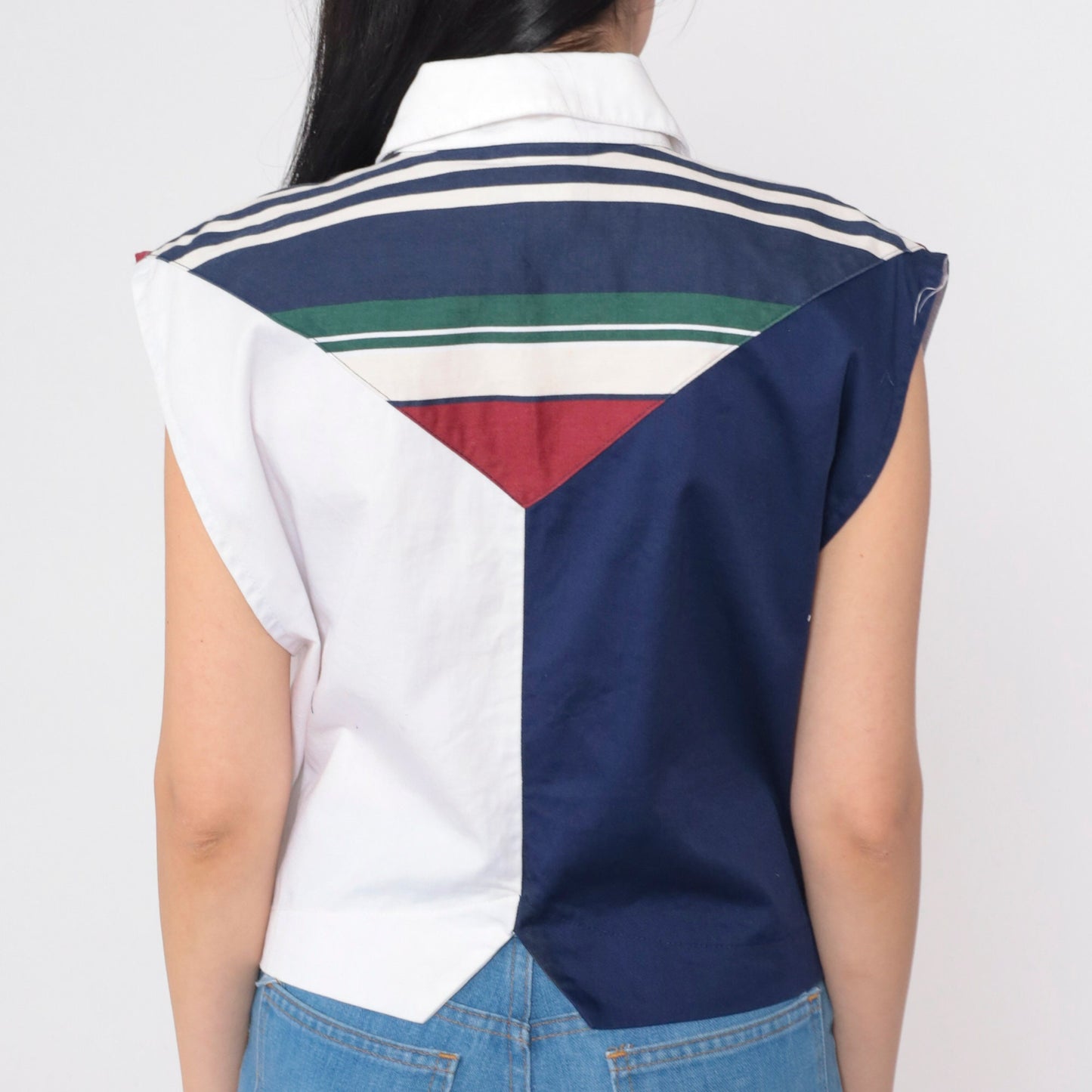 90s Banjo Striped Color Block Tank Top White Navy Collared Large L