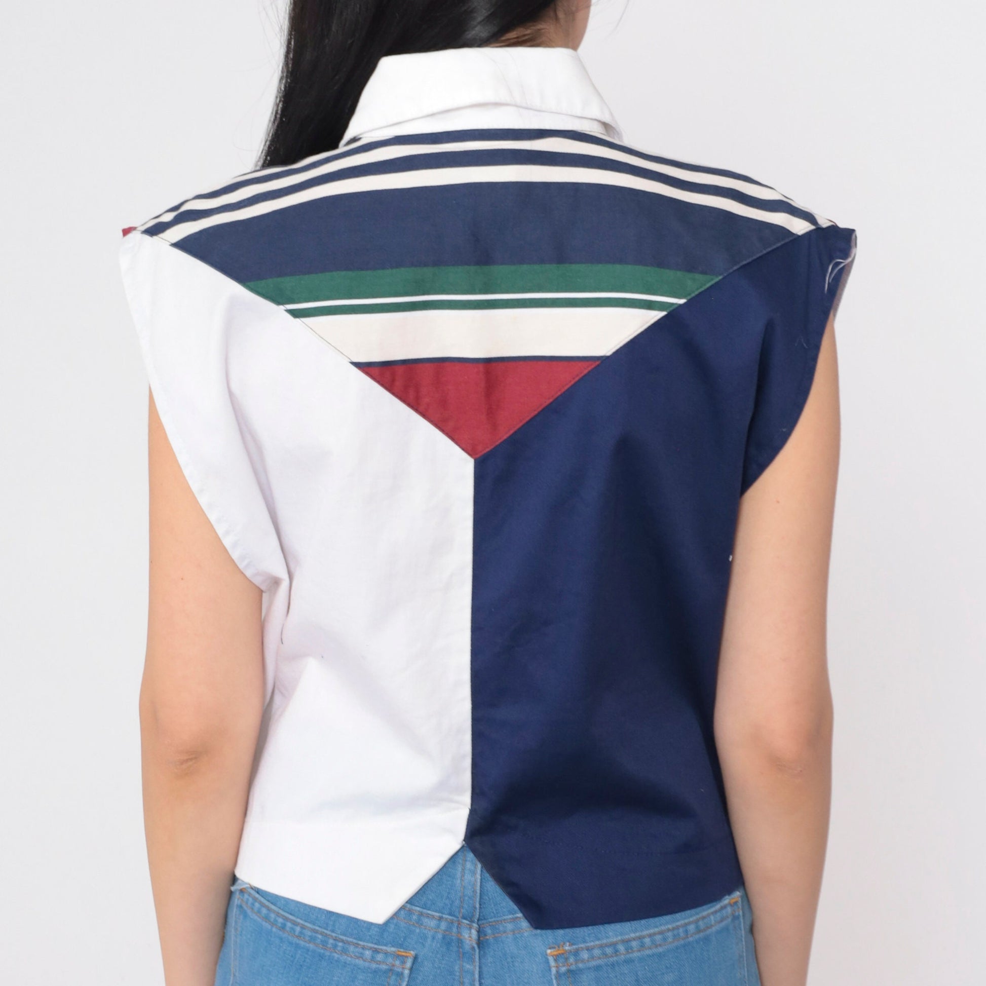 90s Banjo Striped Color Block Tank Top White Navy Collared Large L