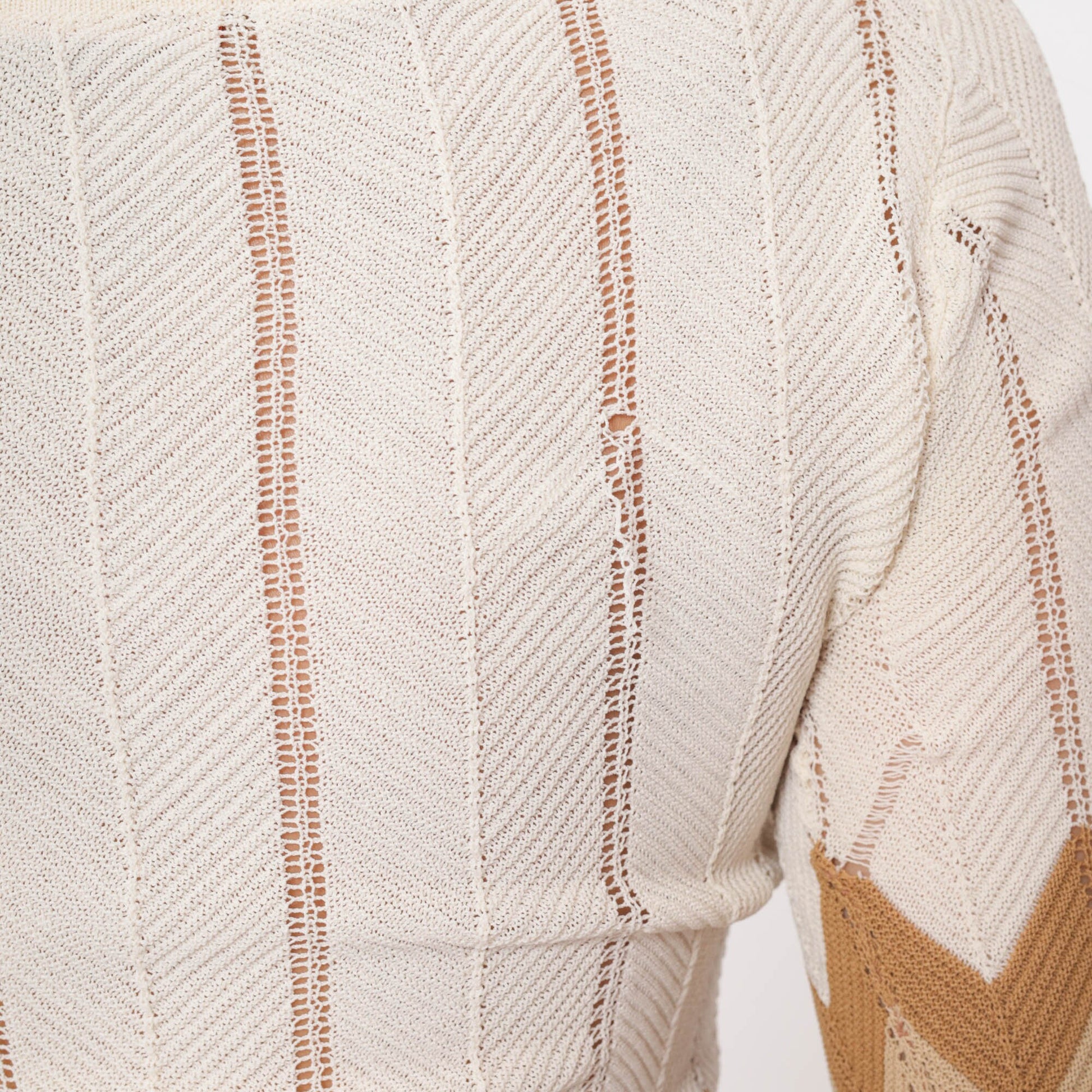 90s Zig Zag Knit Top Striped Scalloped Pointelle Sweater White Brown Small