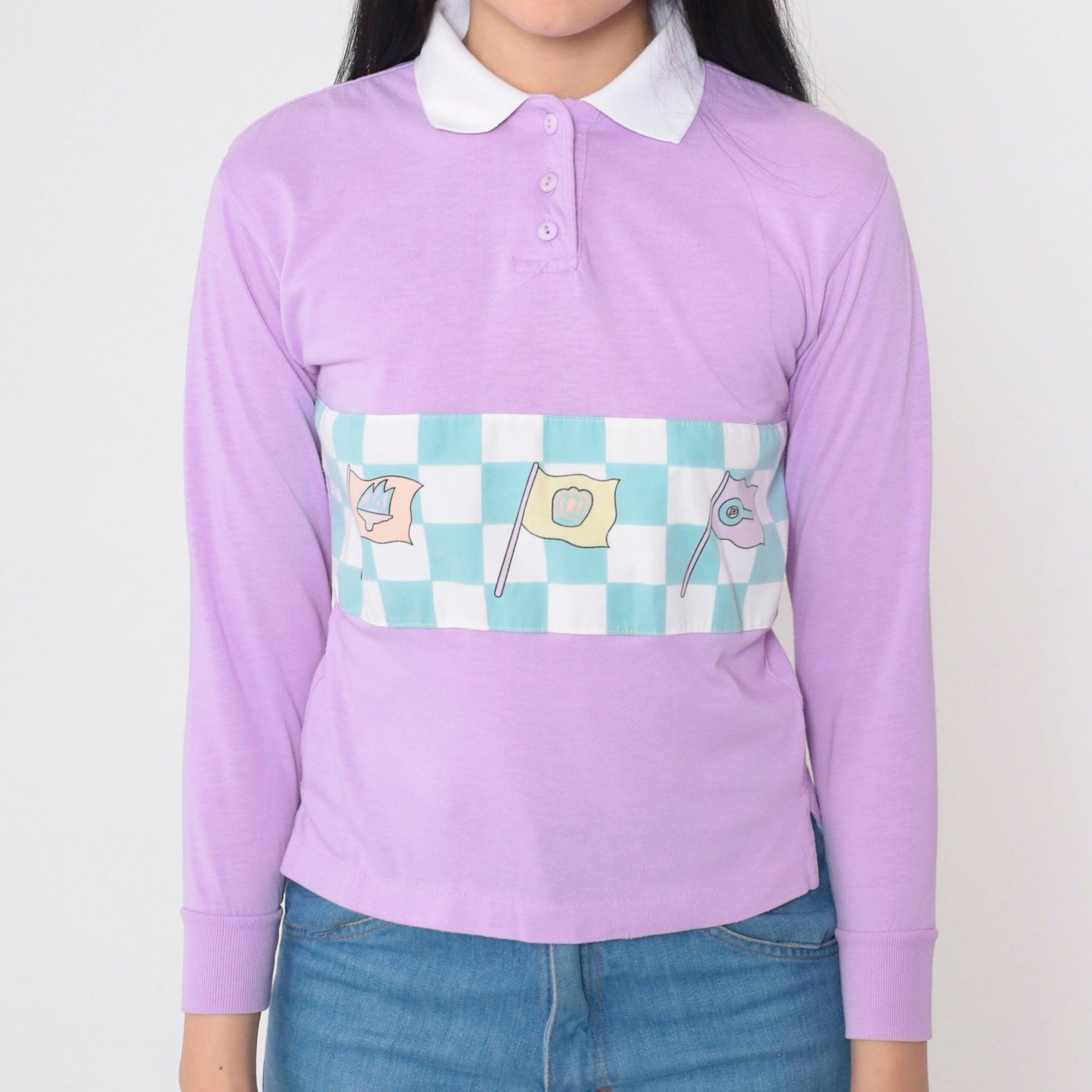 80s Purple Checkered Flag Graphic Polo Shirt Long Sleeve XXS