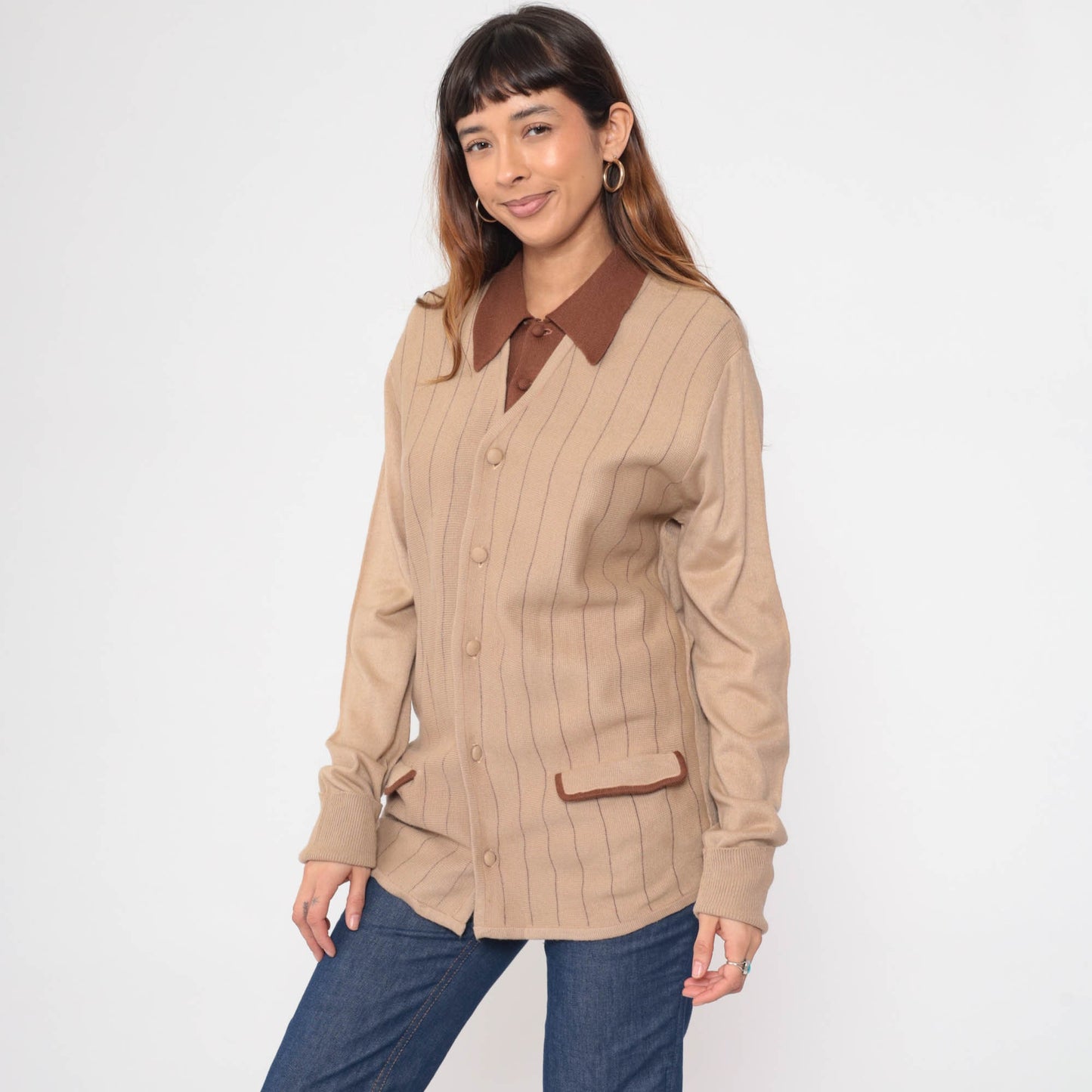 70s Berchielli Striped Cardigan Tan Brown Collared Button-Up Knit Medium